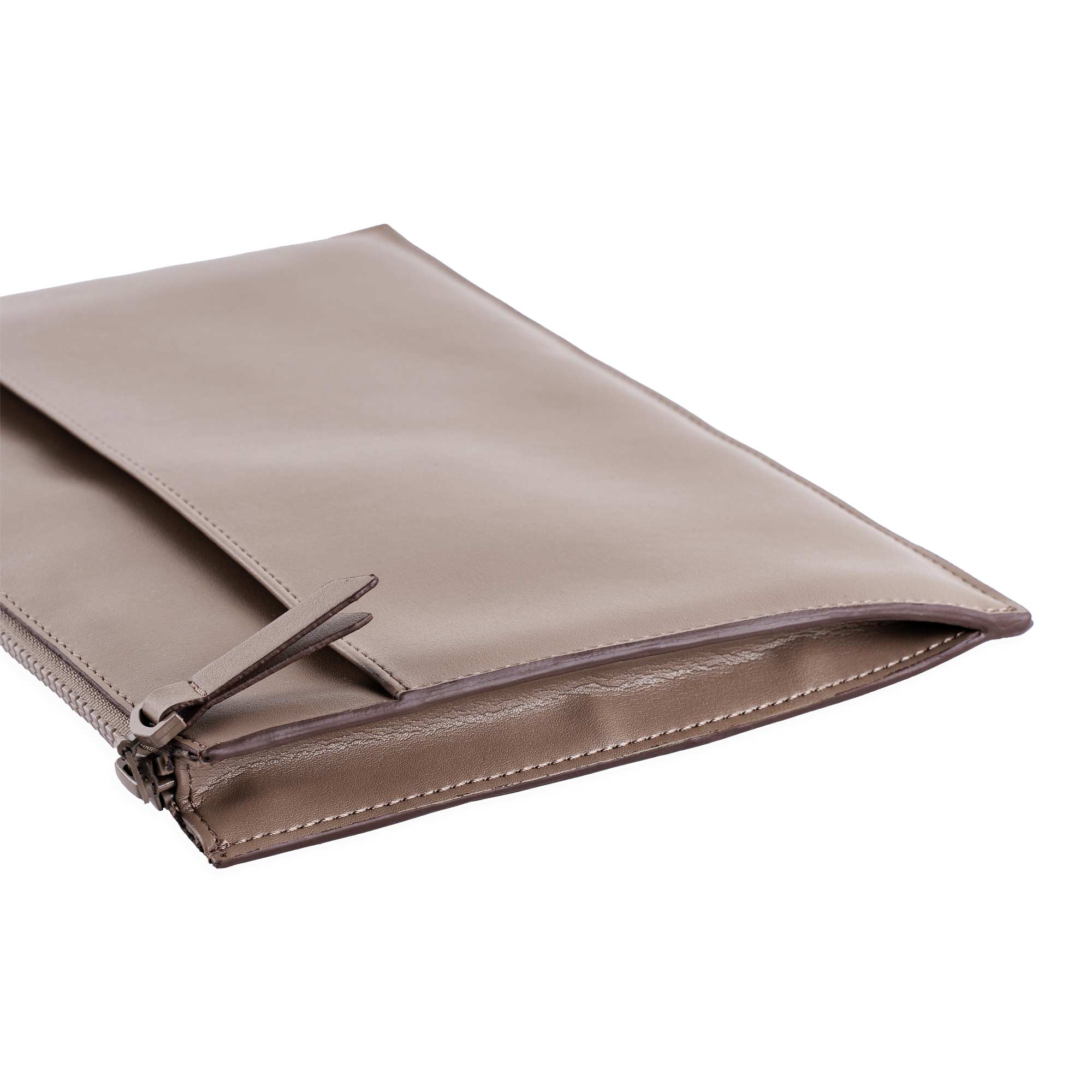 Chic beige vegan leather clutch offering clean lines and sophisticated charm.