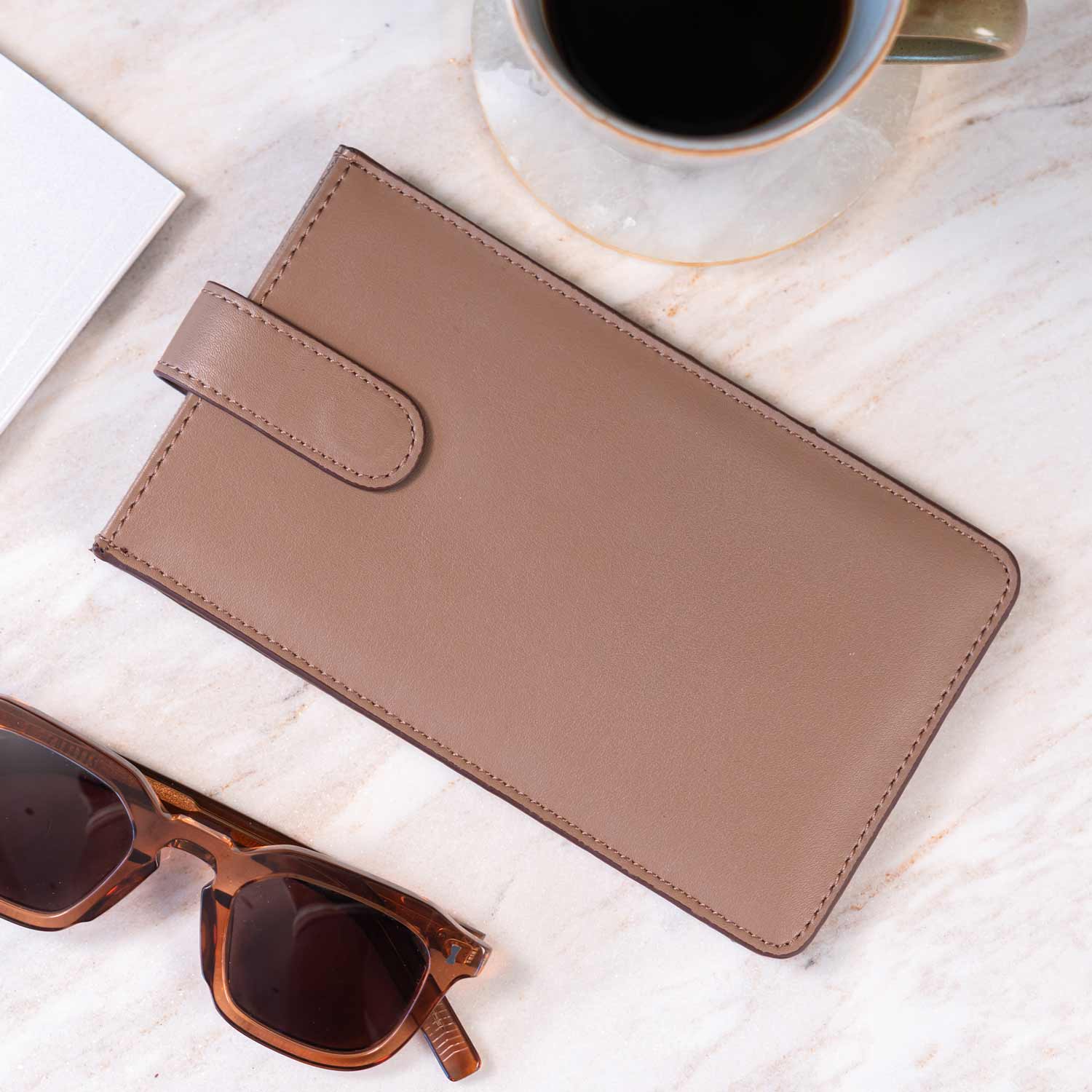 Chic beige vegan leather glasses case made to blend fashion and function.