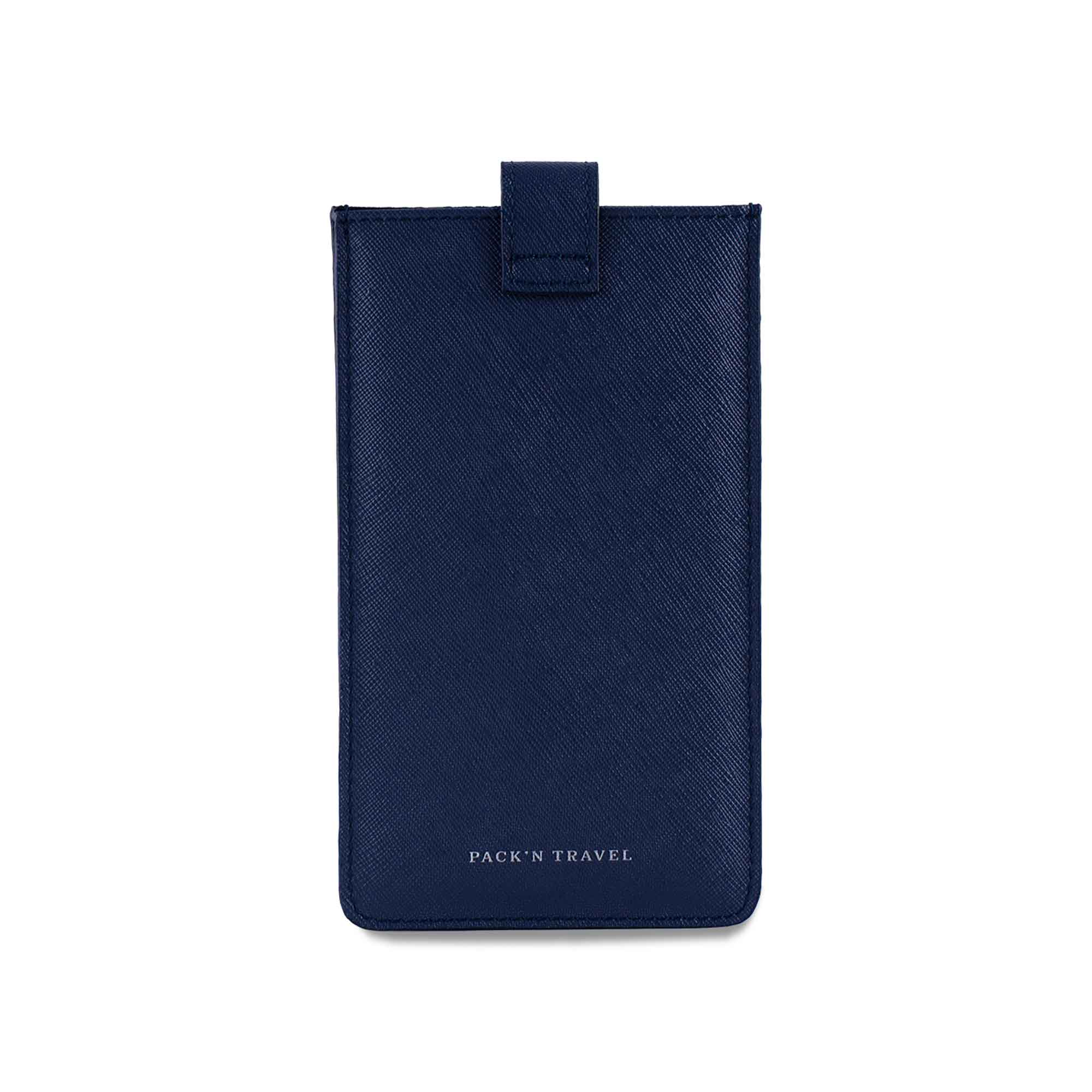 Chic dark blue vegan leather glasses case with sleek, secure design.