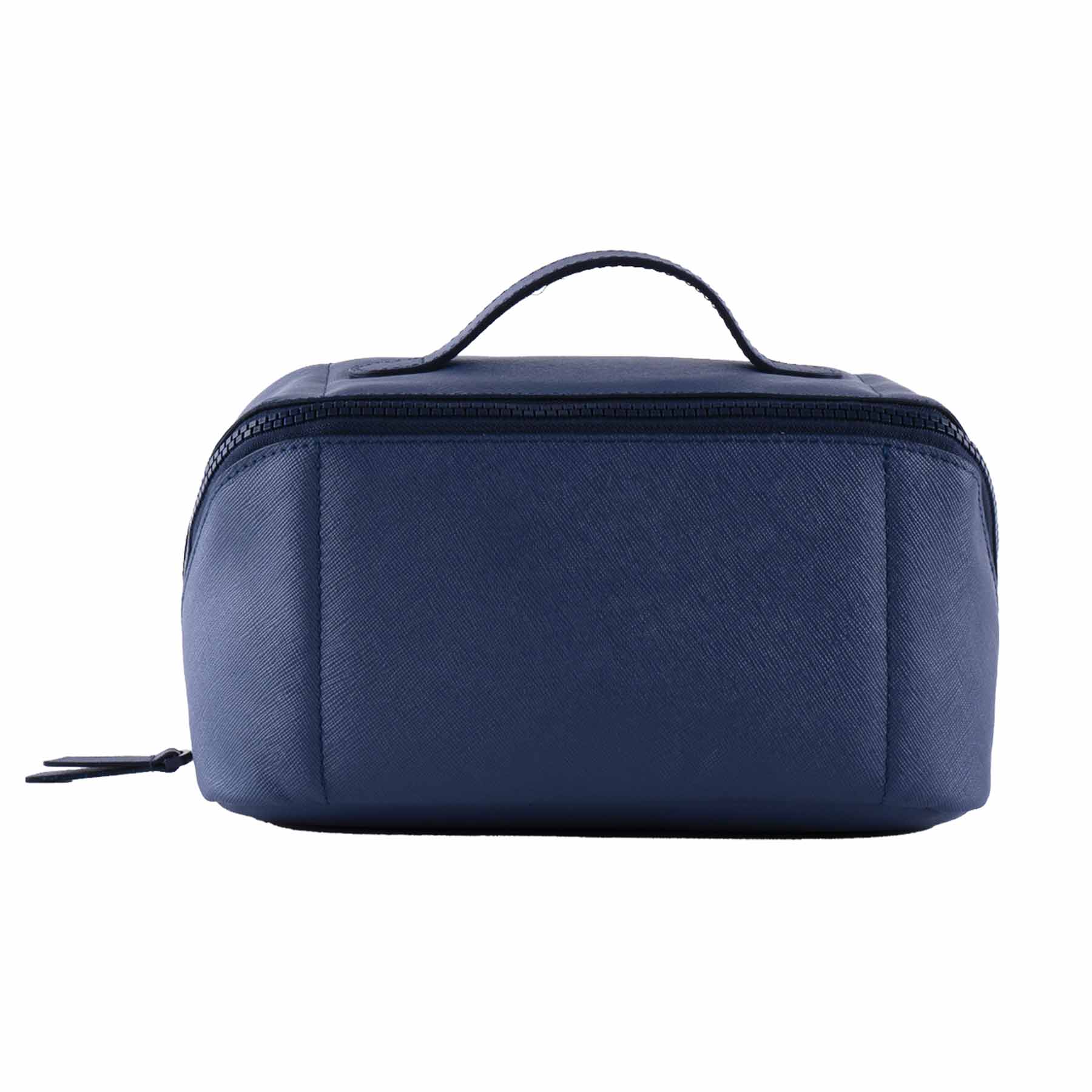 Chic dark blue vegan leather make-up bag for trend-savvy travel or home use.
