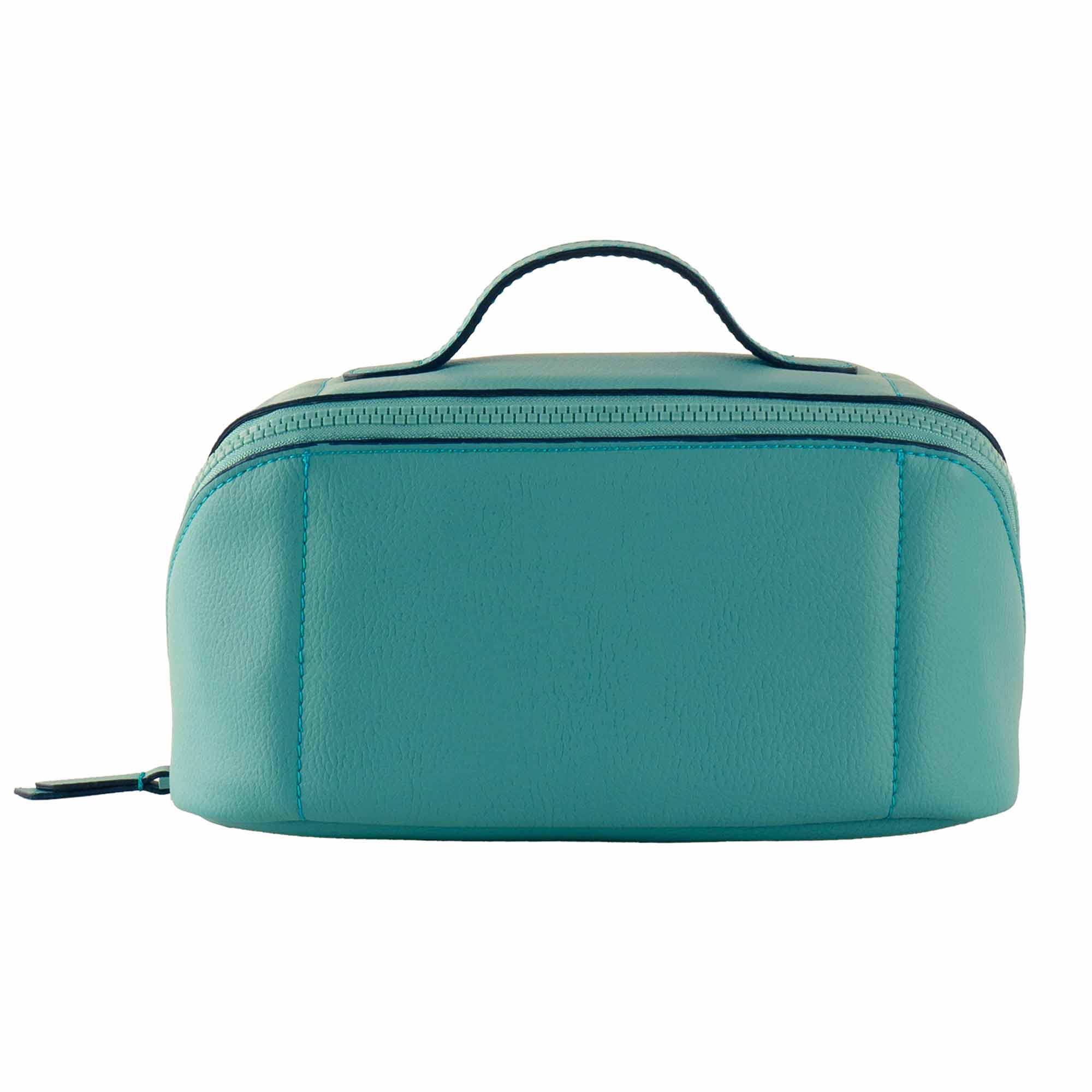 Chic turquoise vegan leather make-up bag with sleek form and colorful flair.