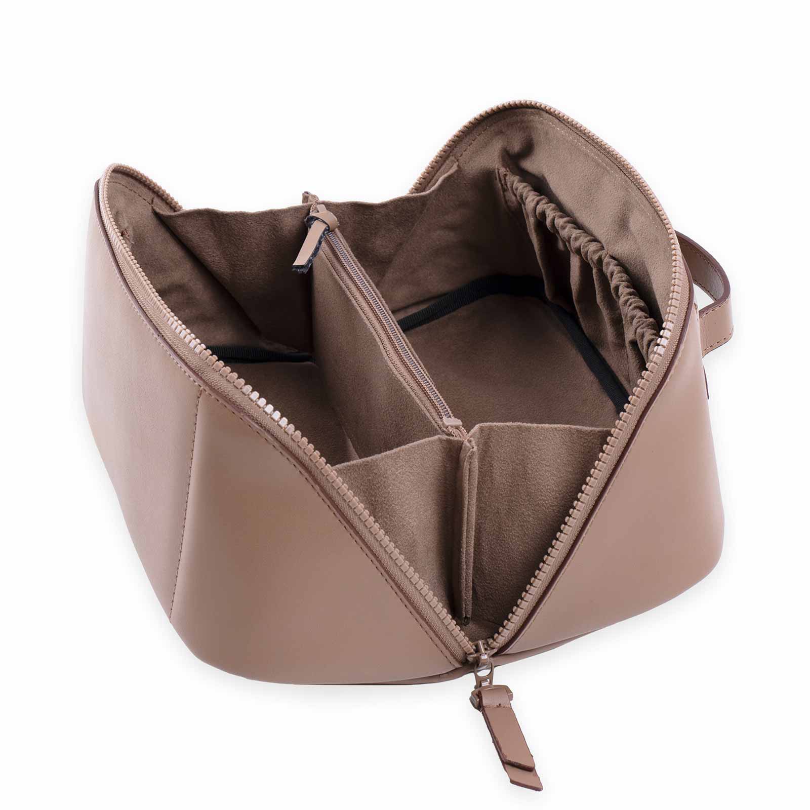 Durable beige vegan leather make-up bag designed for long term use.
