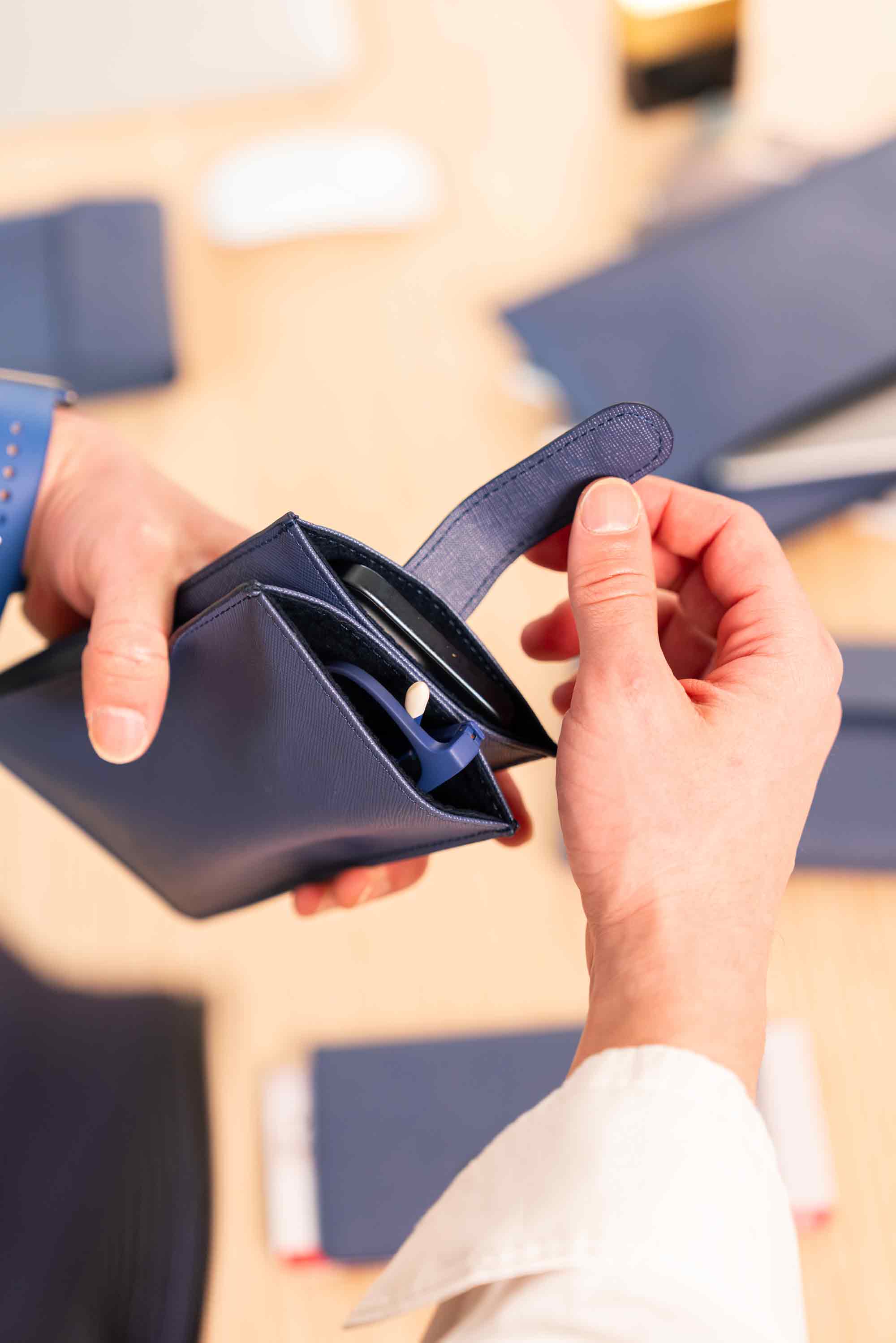 Durable dark blue vegan leather glasses case providing reliable and elegant storage.