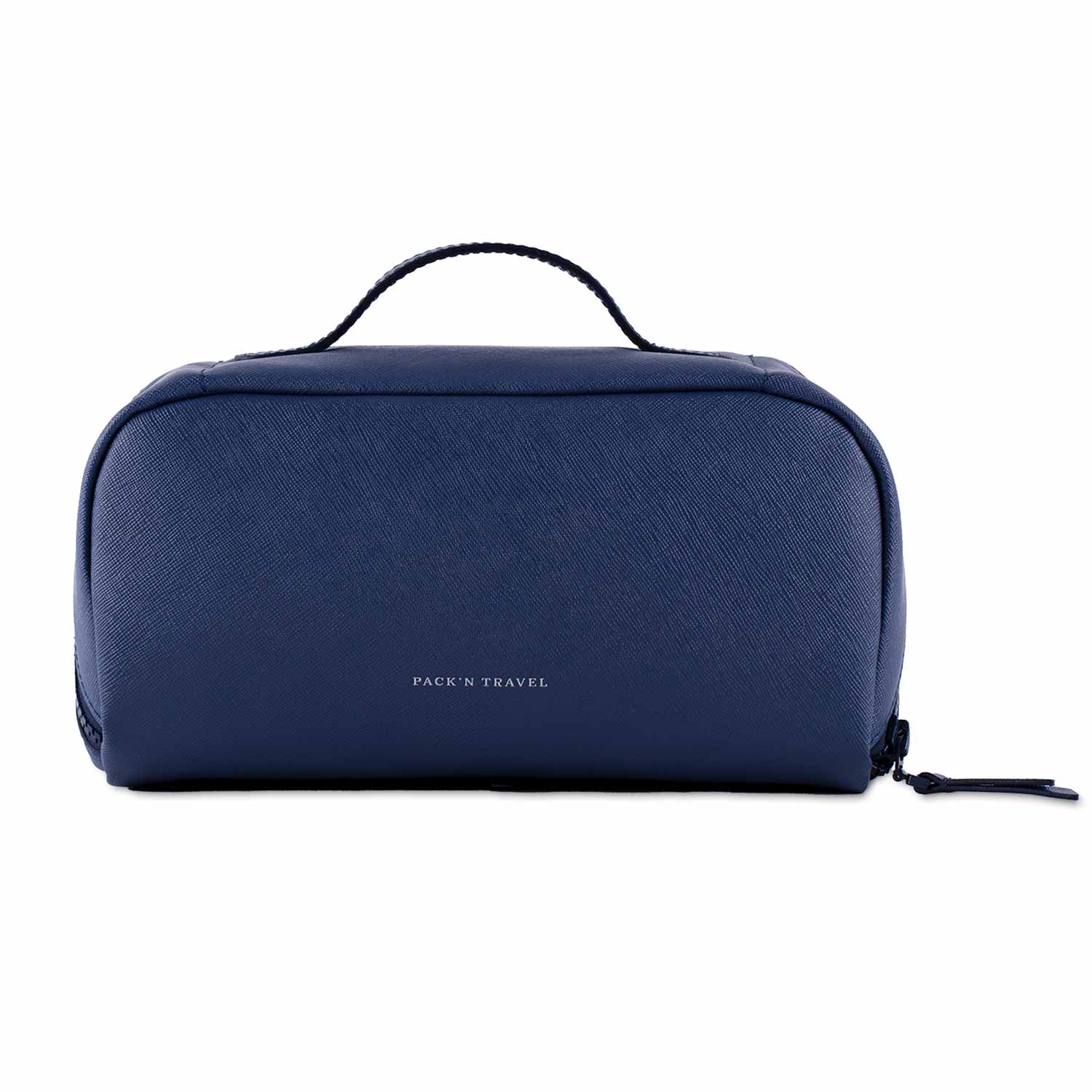 Durable dark blue vegan leather make-up bag ideal for secure, daily use.