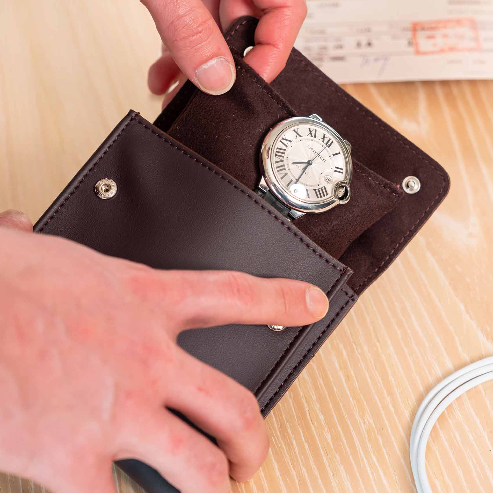 Durable deep plum vegan leather watch case crafted for long-lasting use.