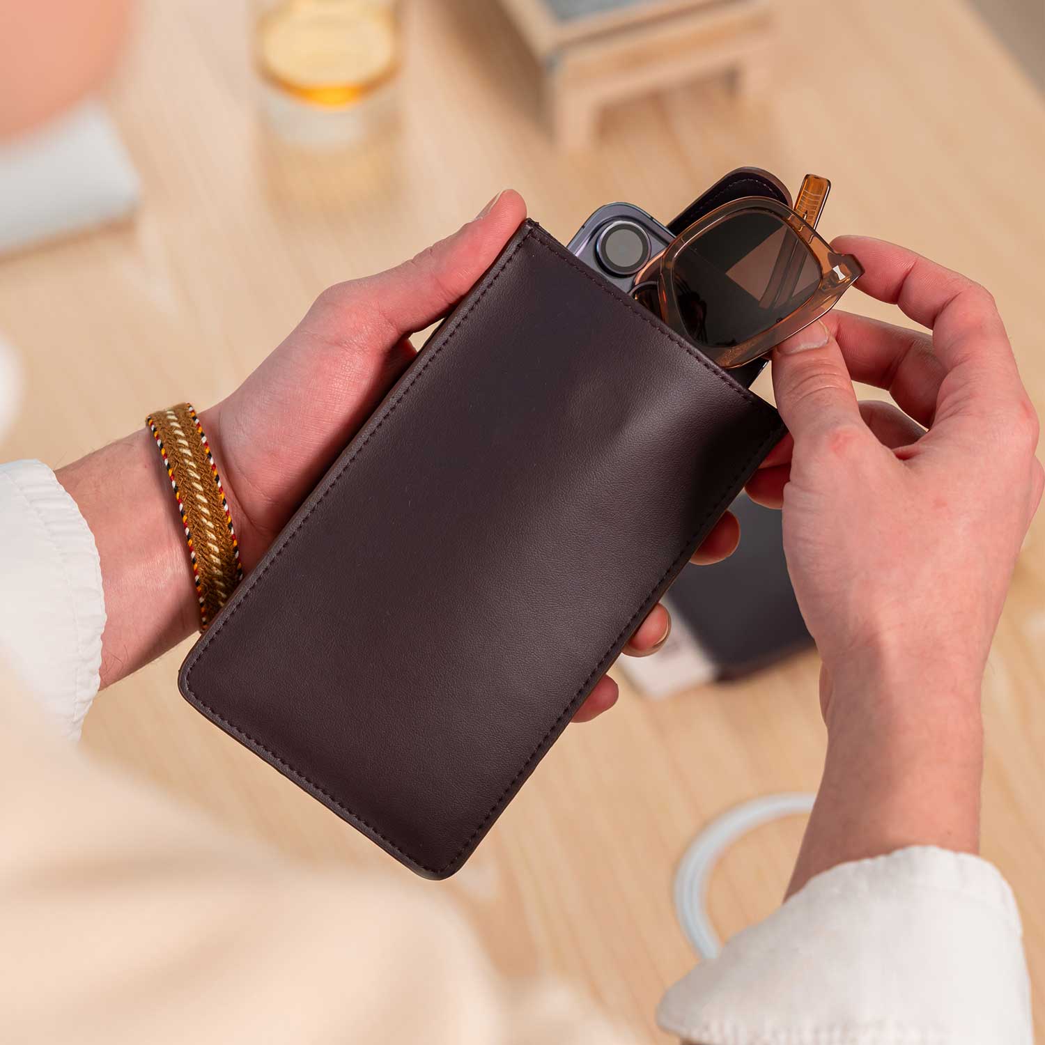 Eco friendly deep plum vegan leather glasses case for sustainable style.