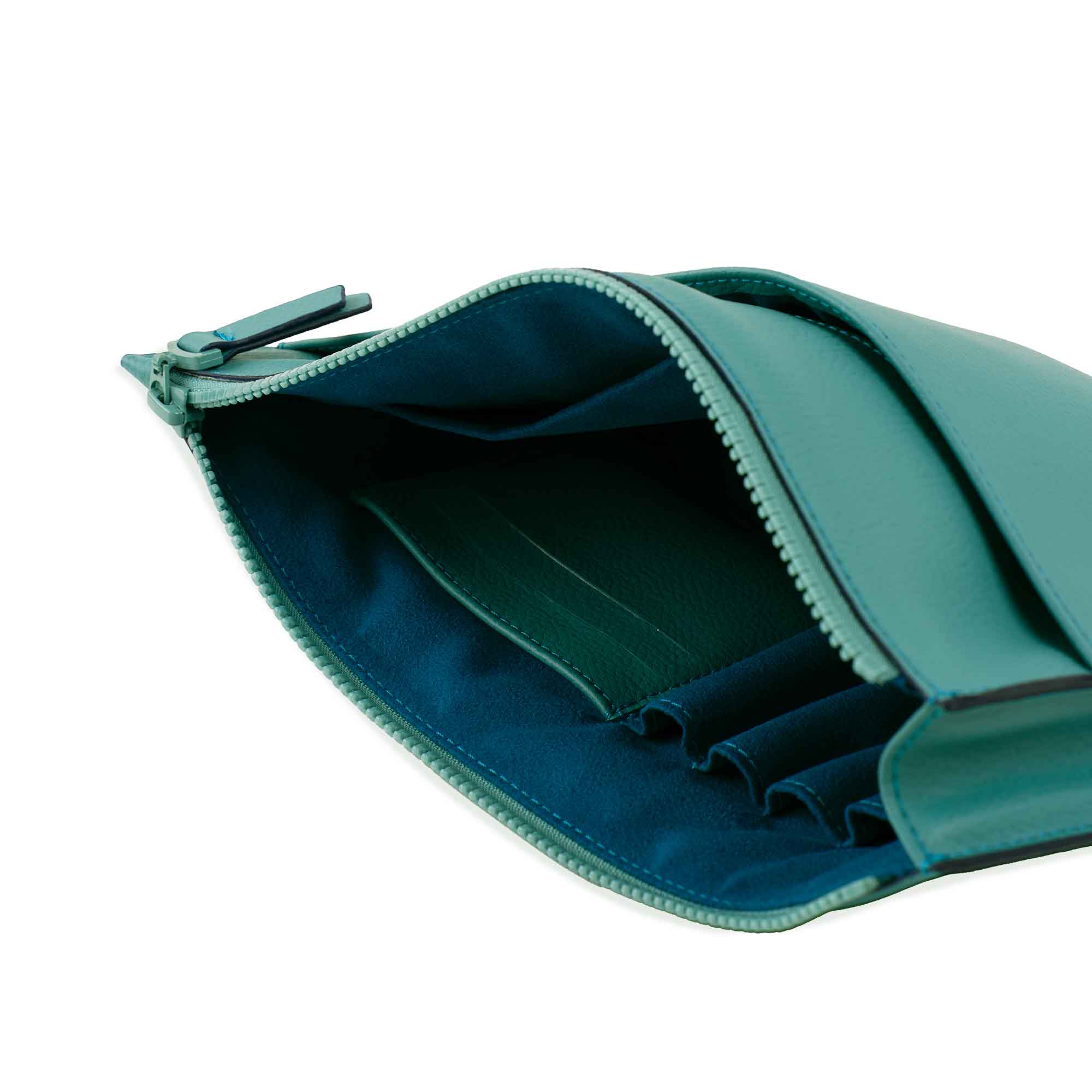 Elegant turquoise vegan leather clutch offers sleek design with bold color.