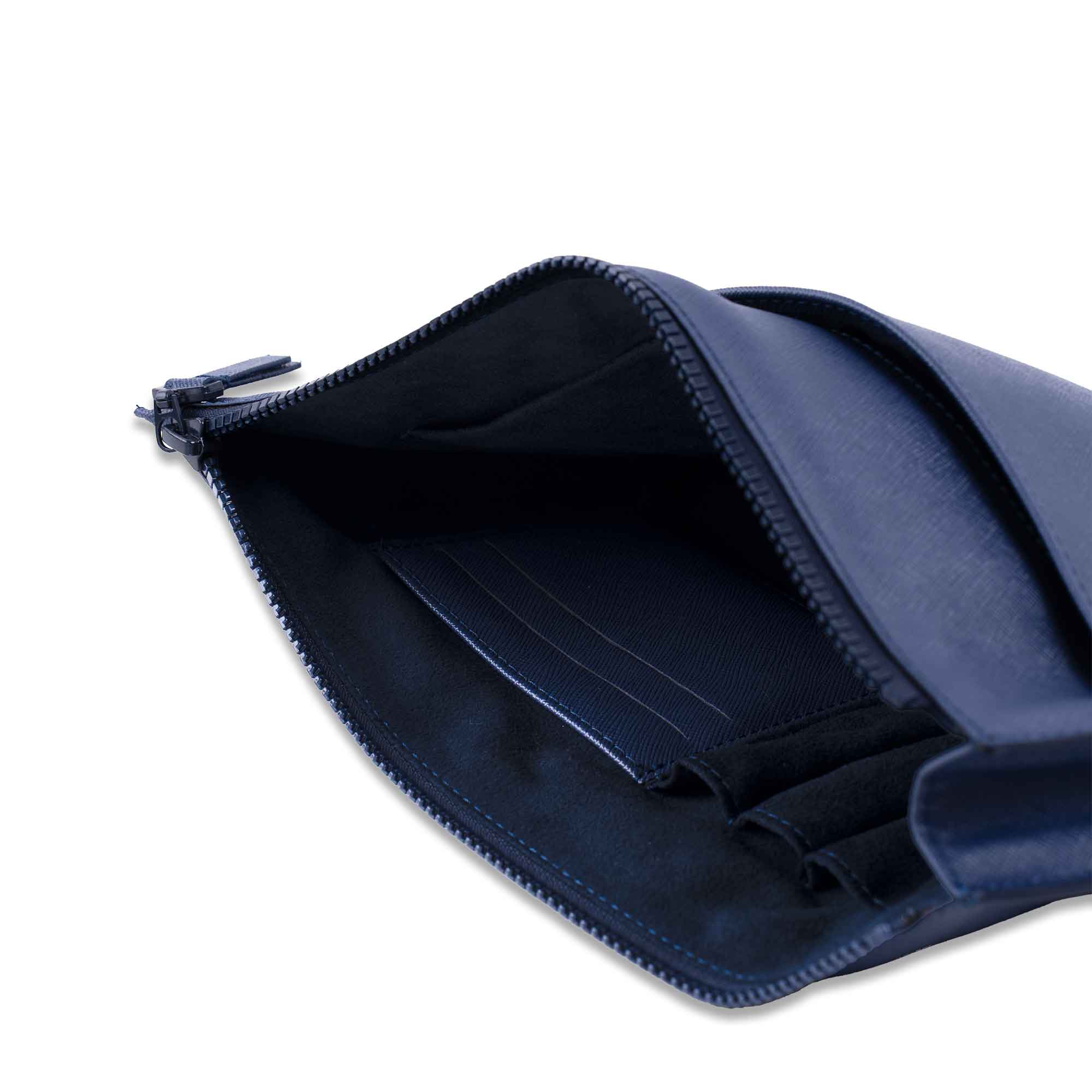 Luxury dark blue vegan leather clutch with a refined and modern finish.
