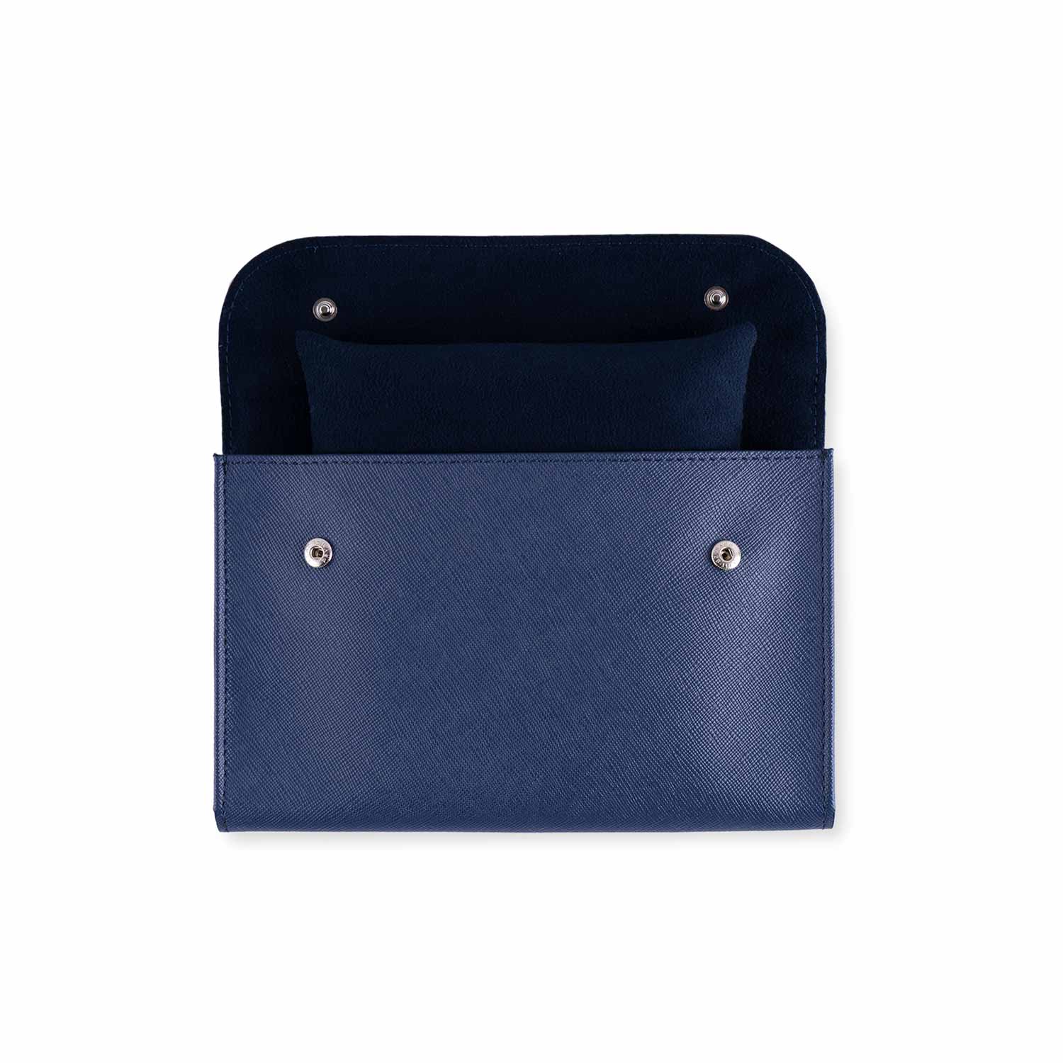 Luxury dark blue vegan leather double watch case with a bold, refined touch.