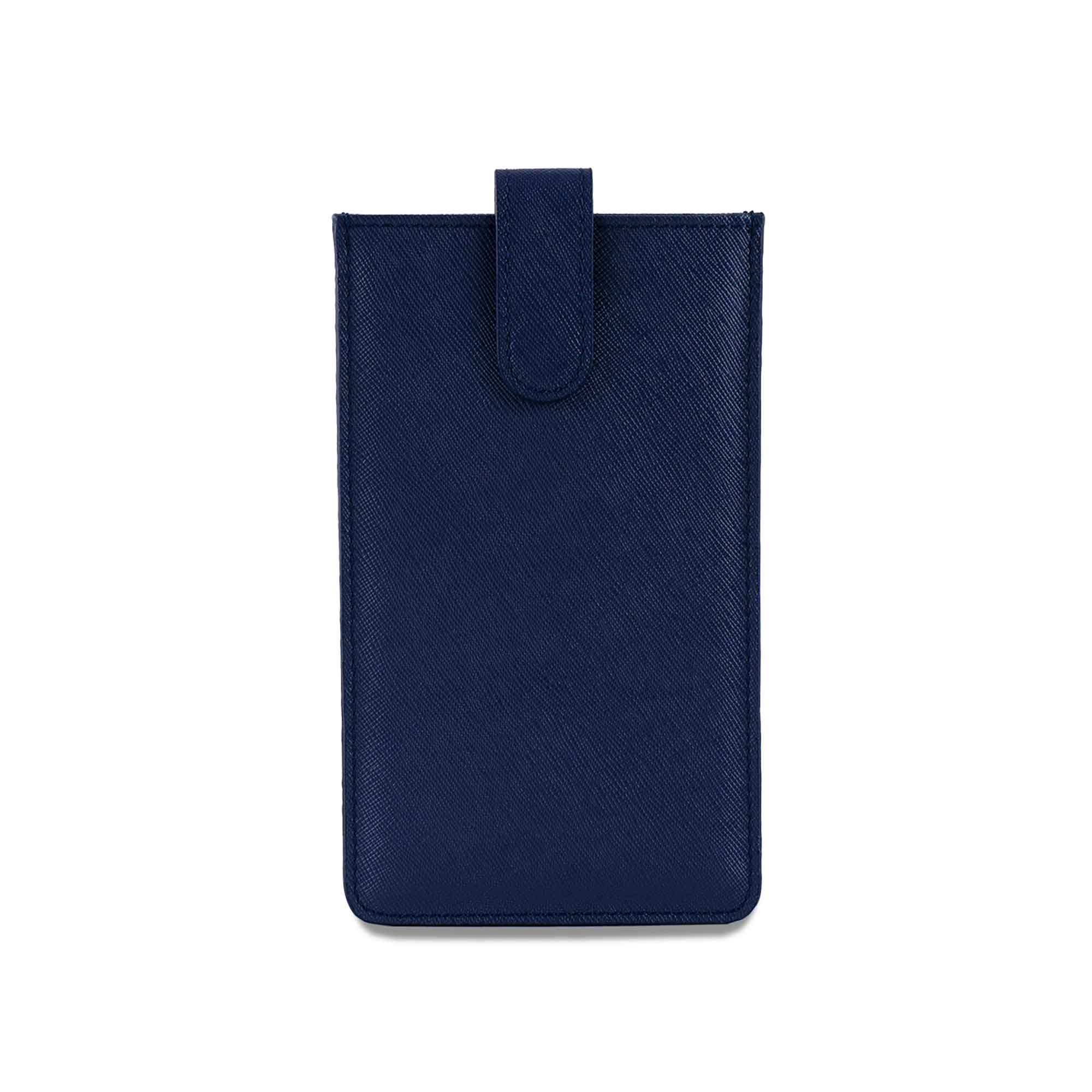 Luxury dark blue vegan leather glasses case for refined accessory protection.