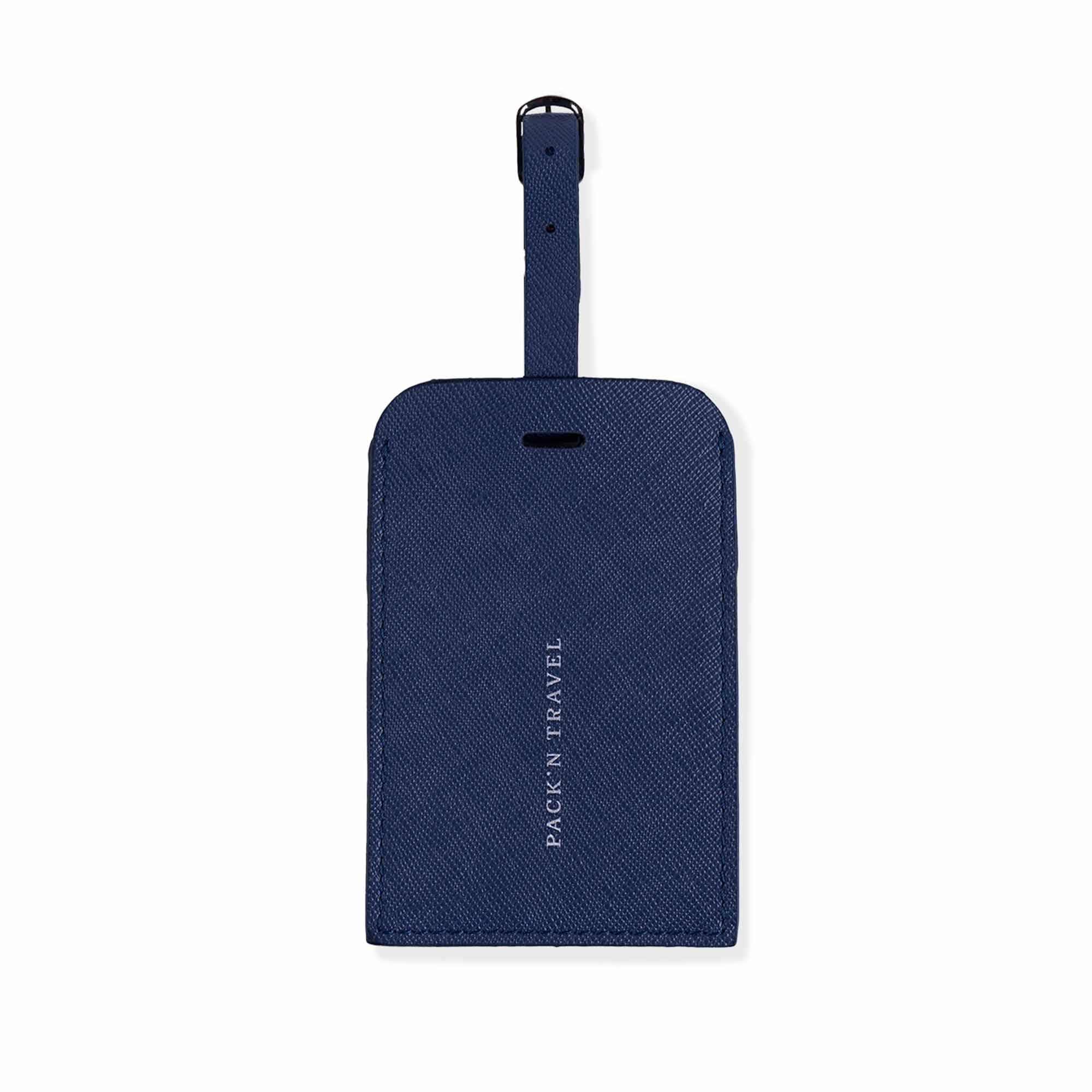 Luxury dark blue vegan leather luggage tag with a sleek and bold look.