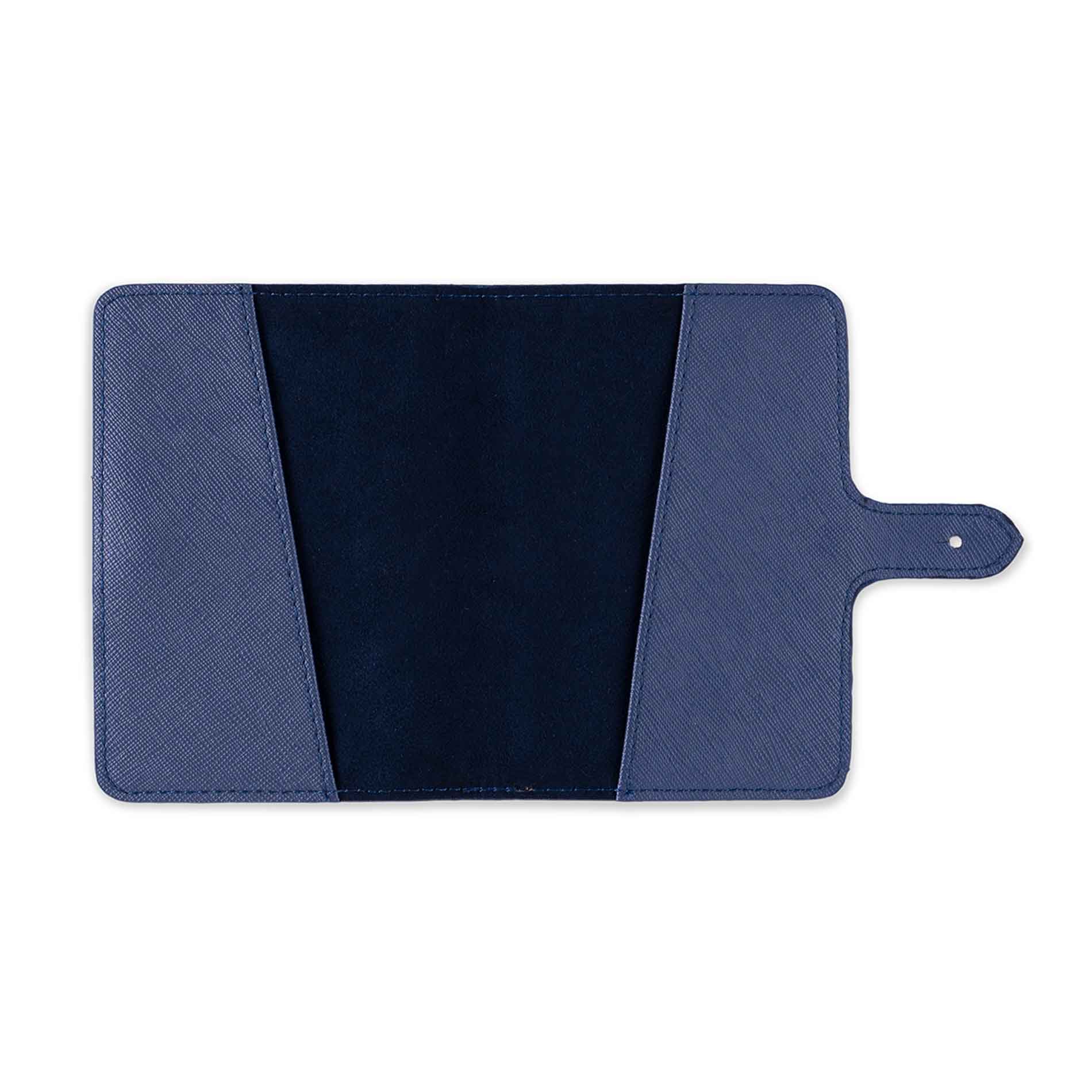 Luxury dark blue vegan leather passport holder offering elegance and refined organisation.