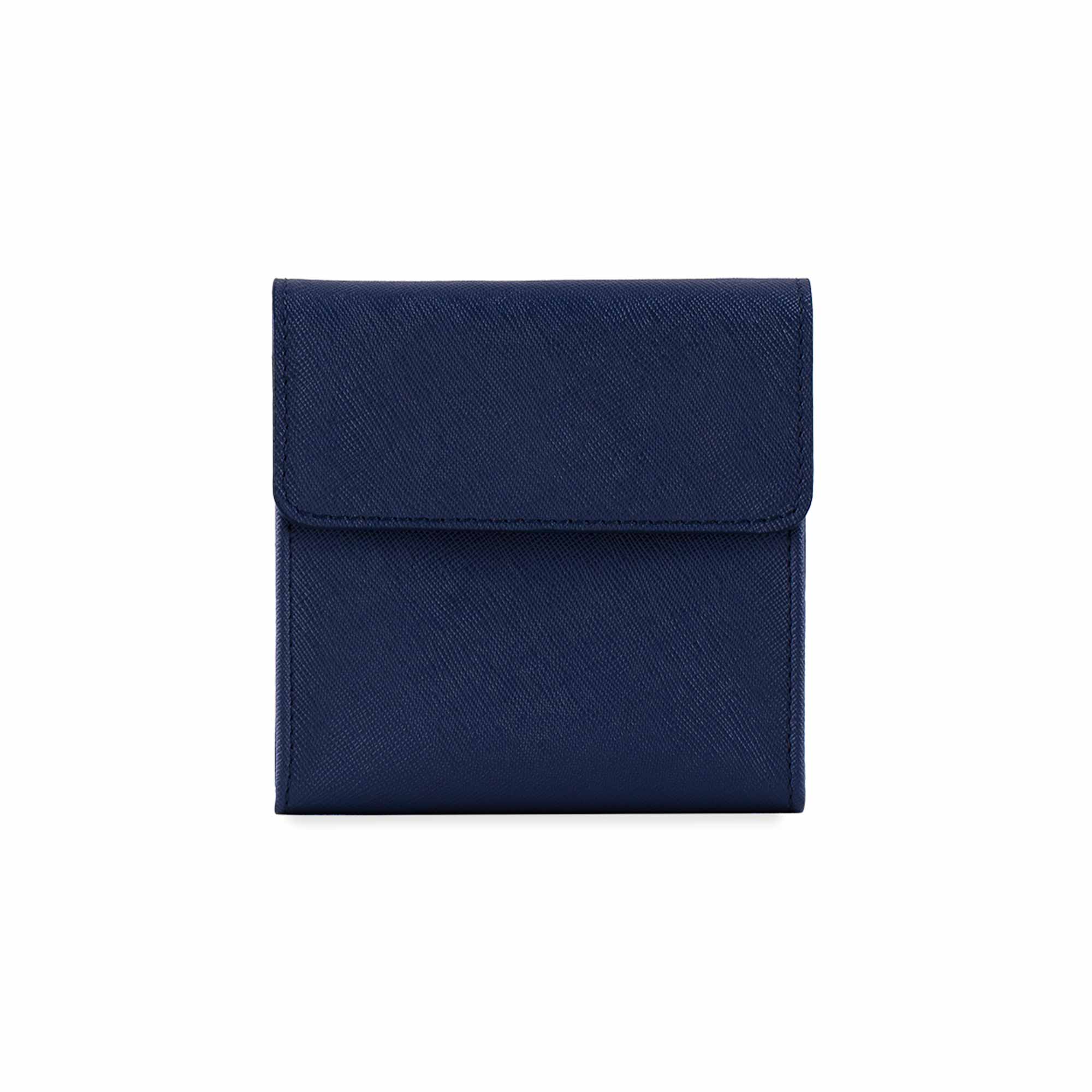 Luxury dark blue vegan leather watch case offering bold elegance and safety.
