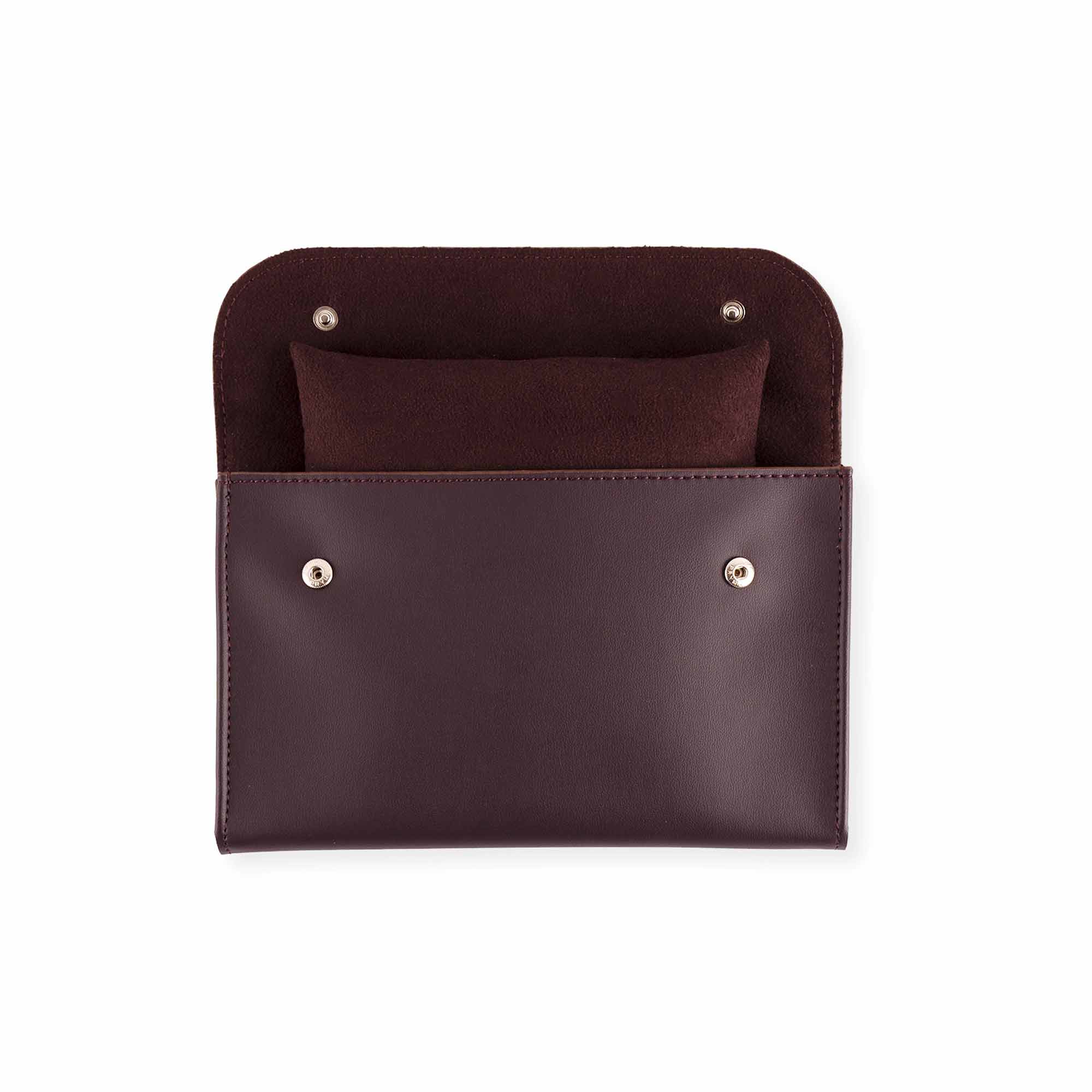 Luxury deep plum vegan leather double watch case for elegant and secure timepiece storage.