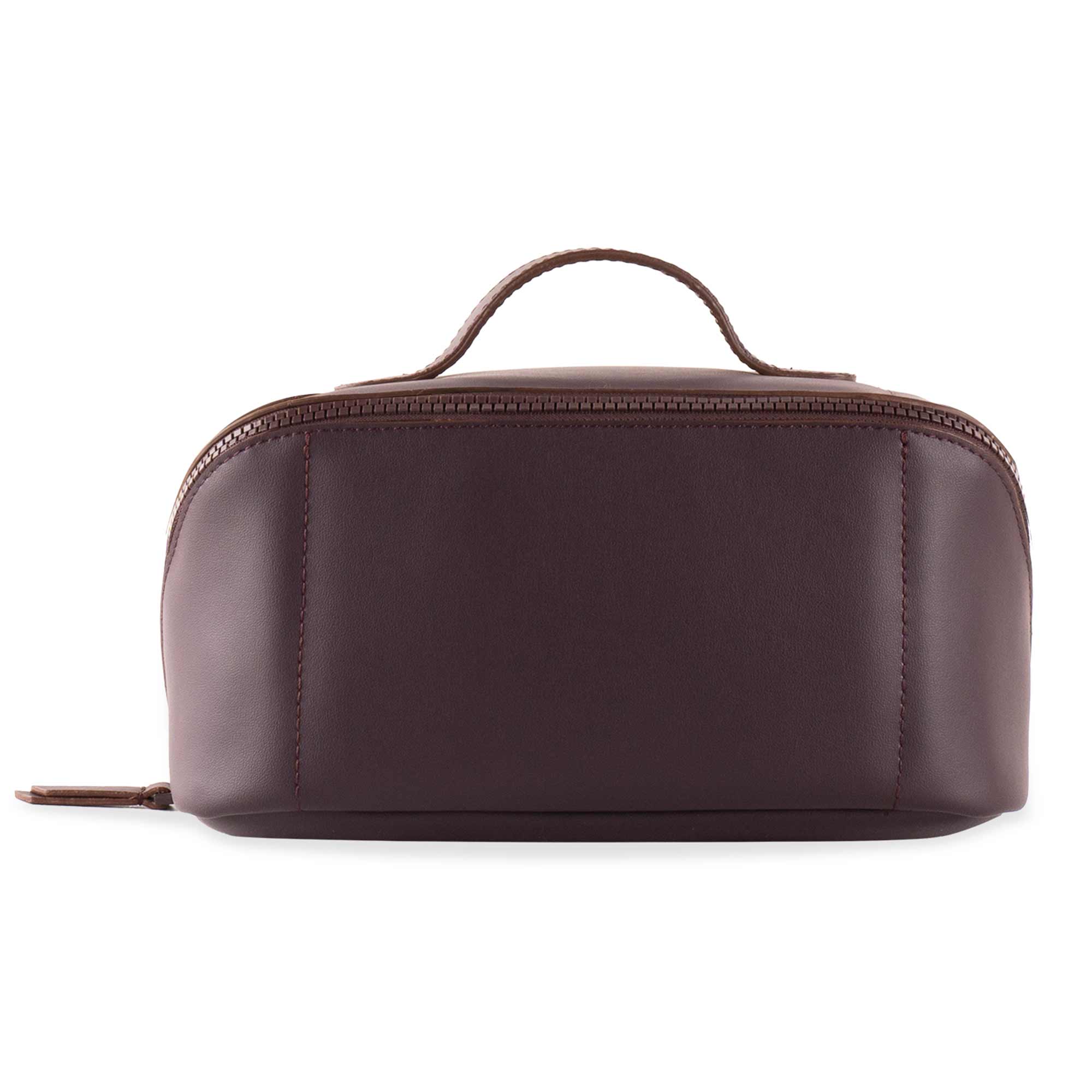 Luxury deep plum vegan leather make-up bag for a bold and refined routine.