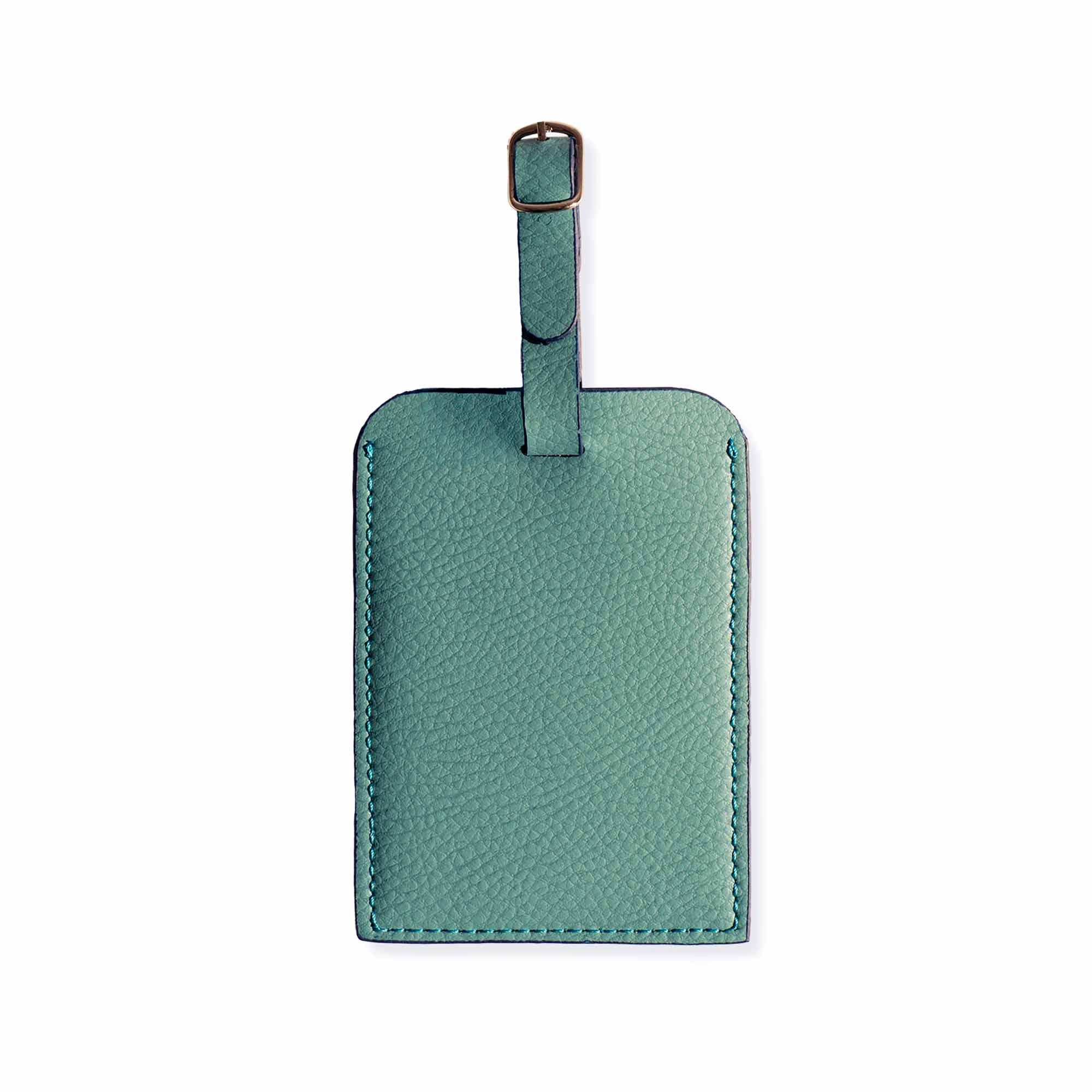Luxury turquoise vegan leather luggage tag with a bright, modern design.