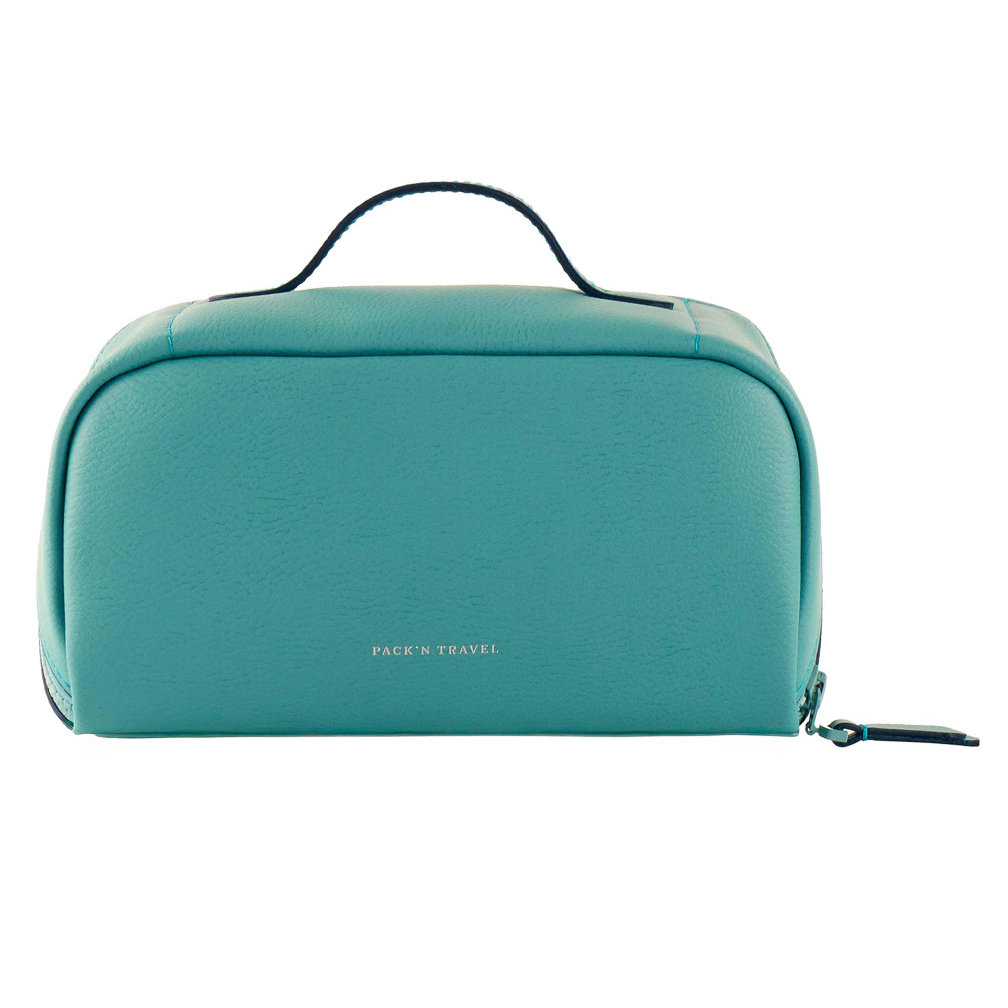Luxury turquoise vegan leather make-up bag adds vibrant elegance to travel.