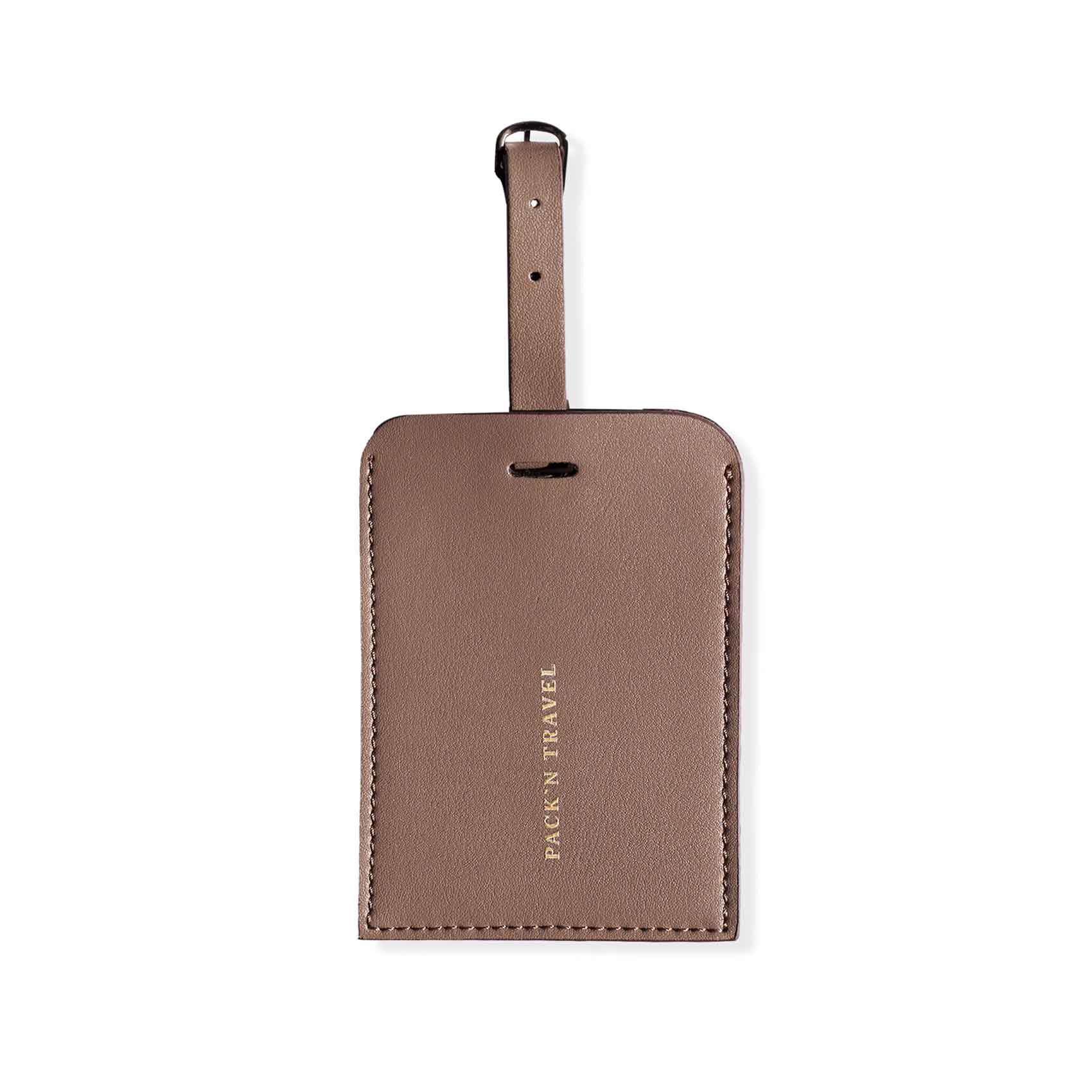 Stylish beige vegan leather luggage tag designed for modern jetsetters.