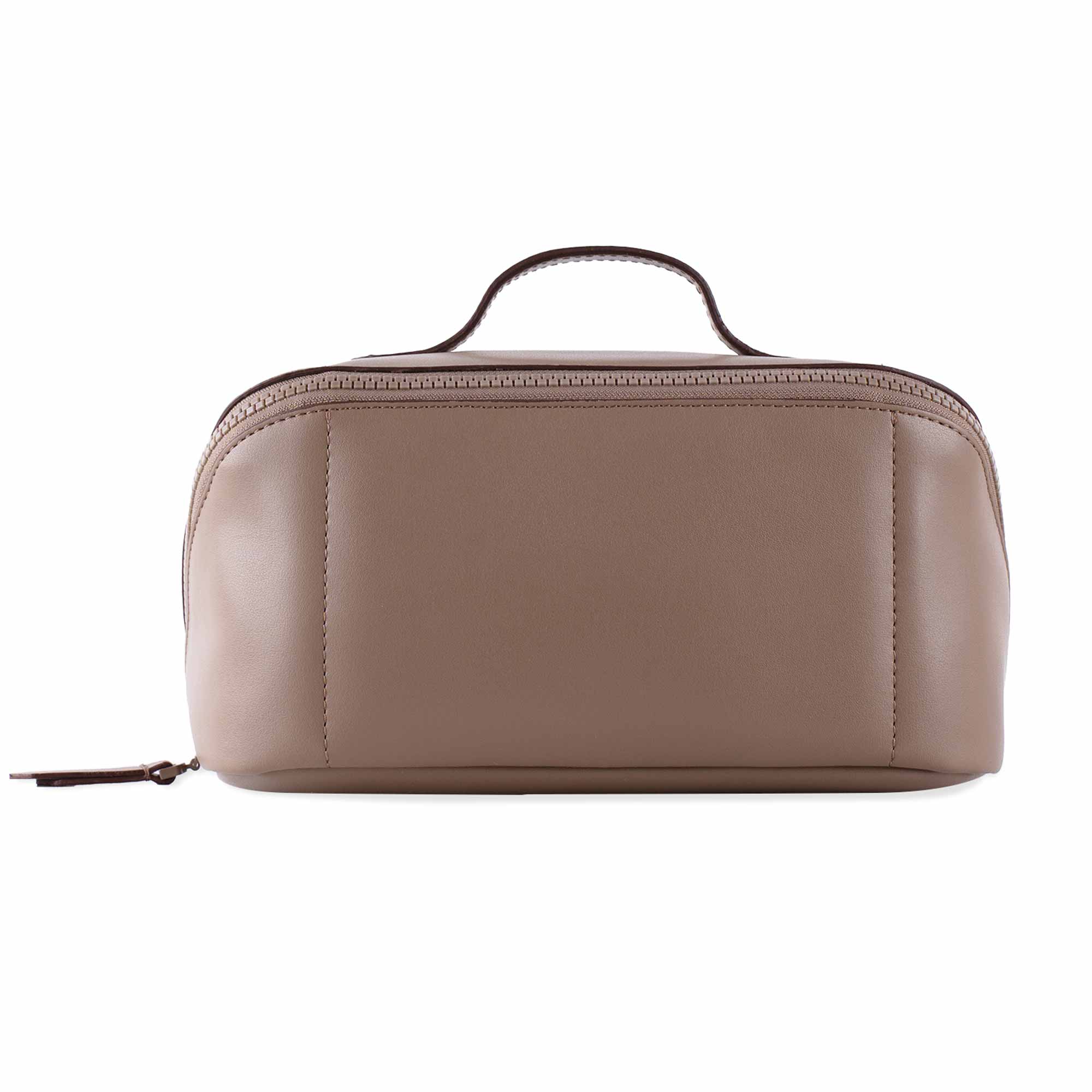 Stylish beige vegan leather make up bag crafted for chic, daily use.