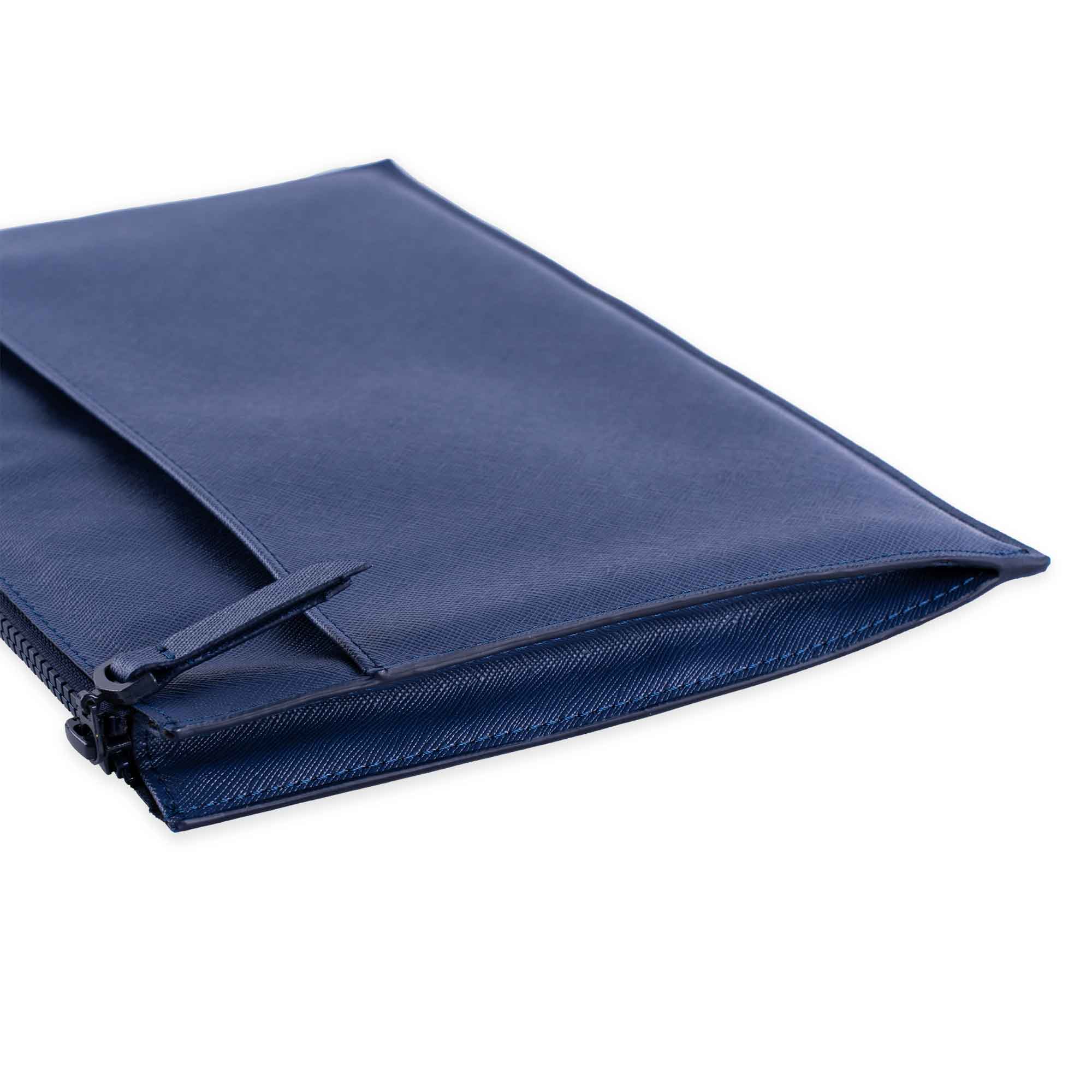 Stylish dark blue vegan leather clutch for a polished and trendy look.
