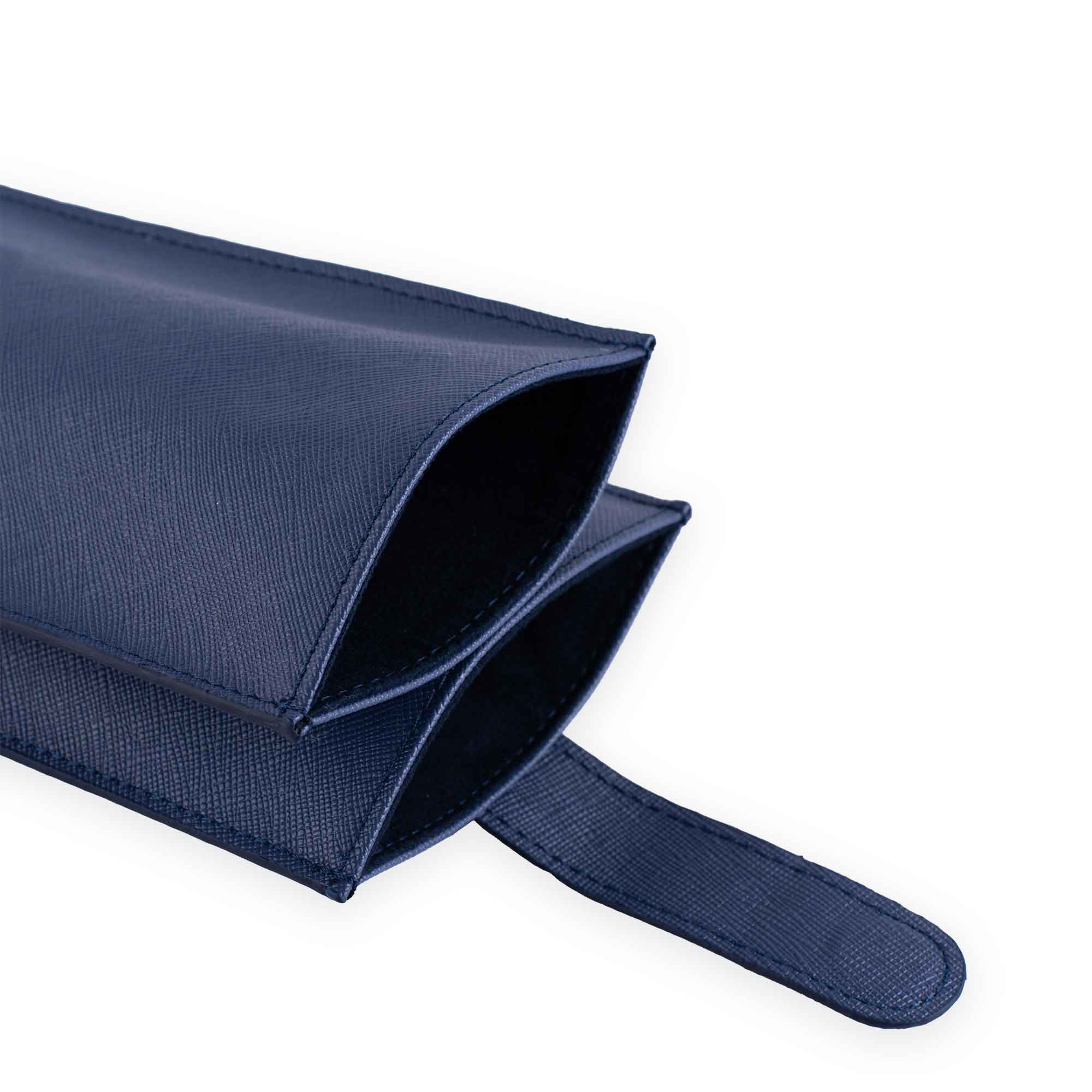 Stylish dark blue vegan leather glasses case crafted with minimal elegance.