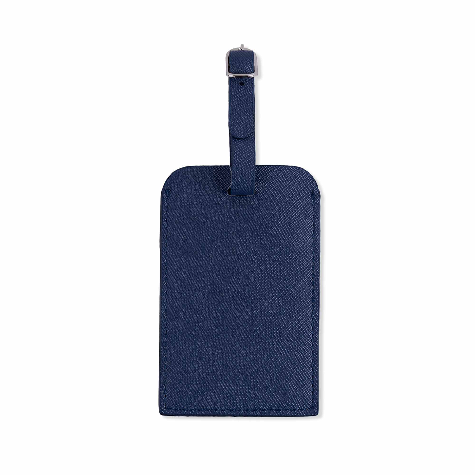 Stylish dark blue vegan leather luggage tag made for refined travel gear.