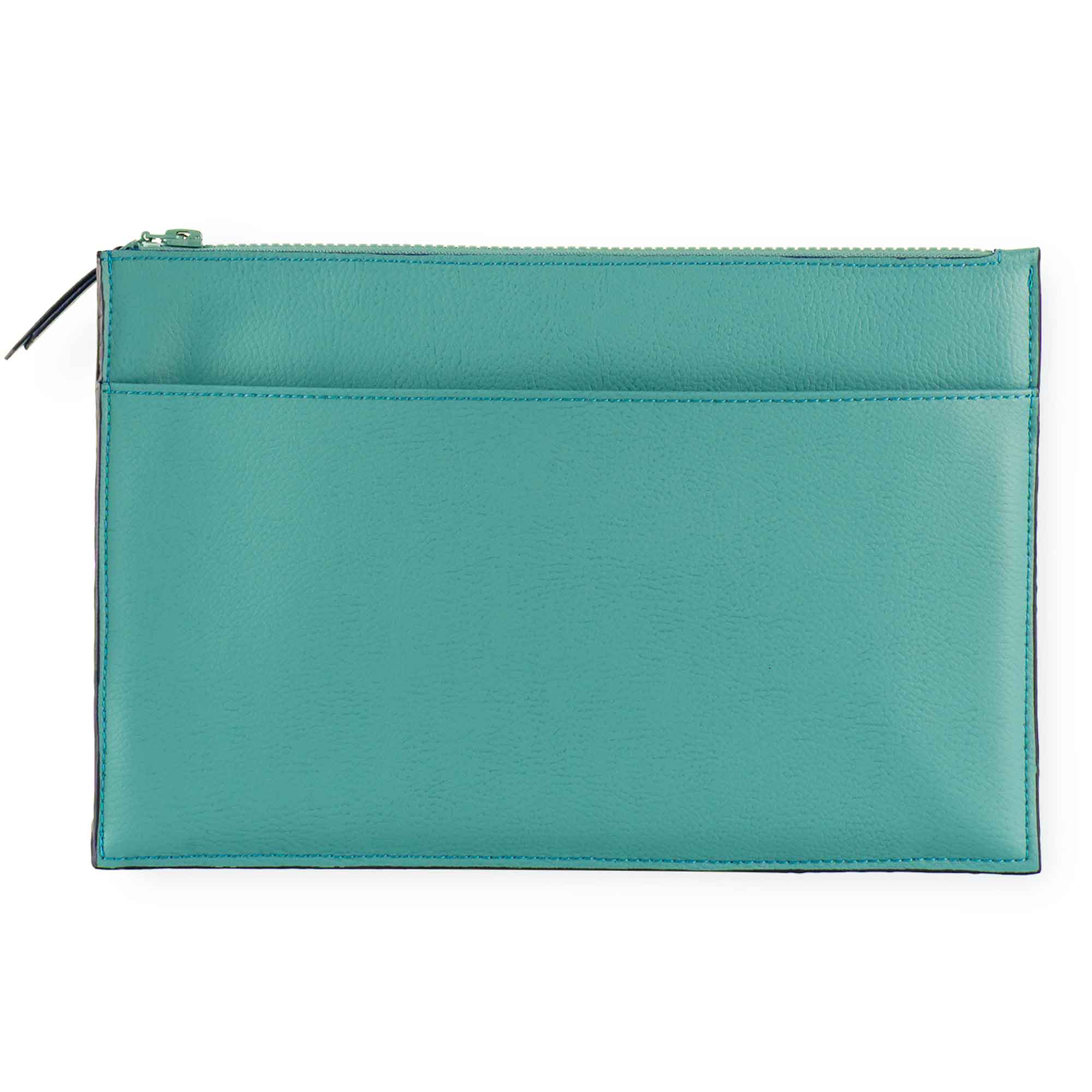 Stylish turquoise vegan leather clutch crafted for vibrant modern looks.