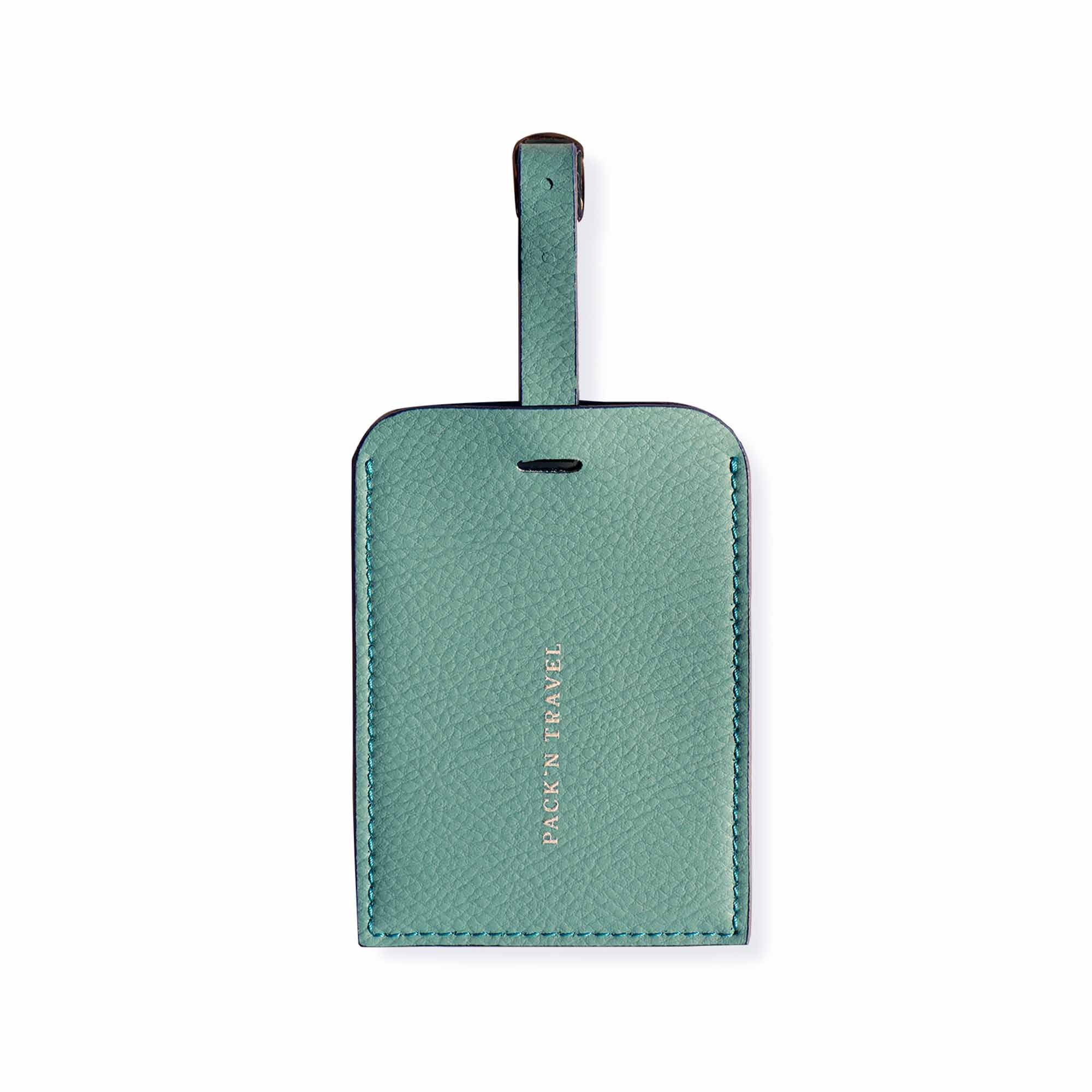Stylish turquoise vegan leather luggage tag ideal for trendy globetrotters.