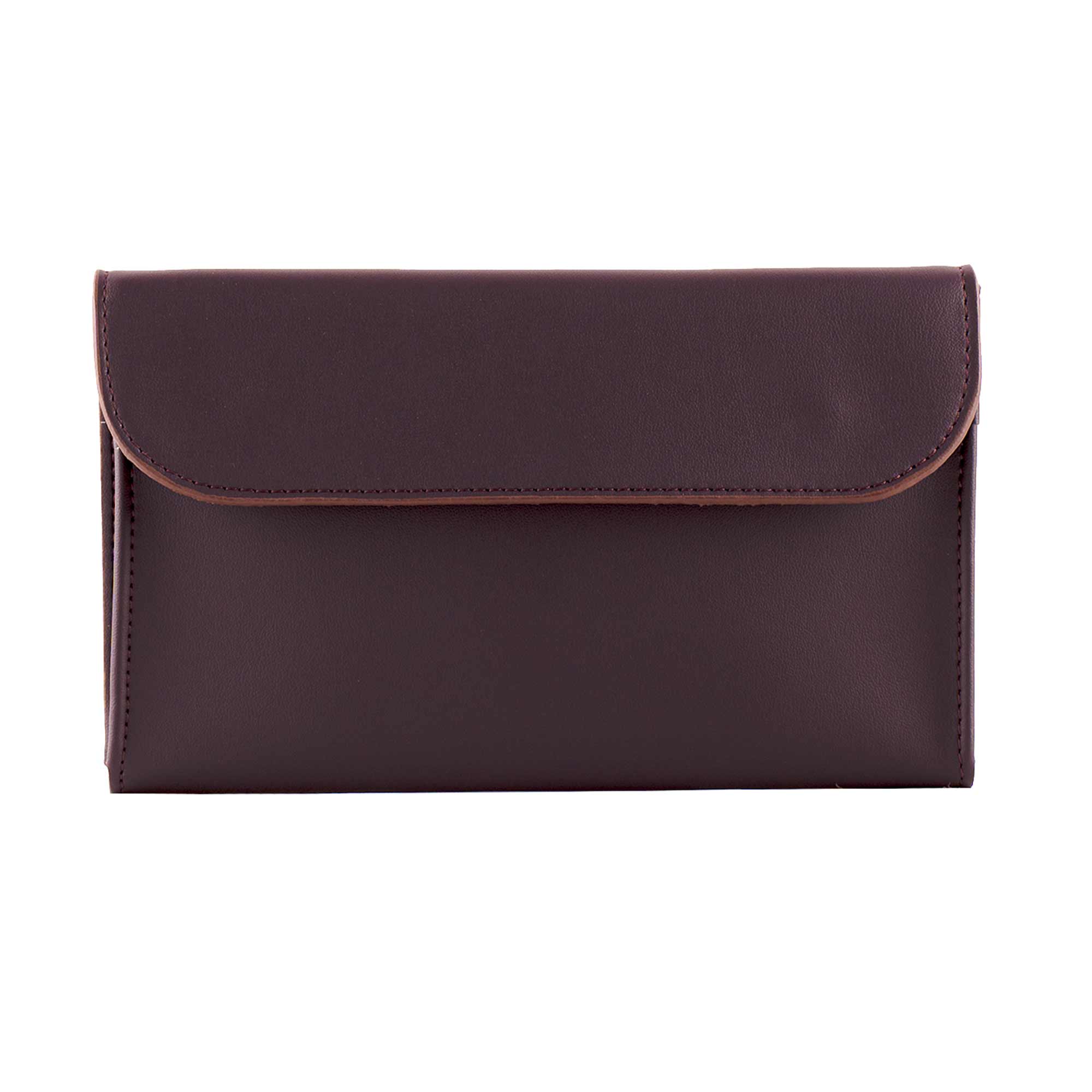 Stylish vegan leather double watch case in deep plum for modern accessory storage.