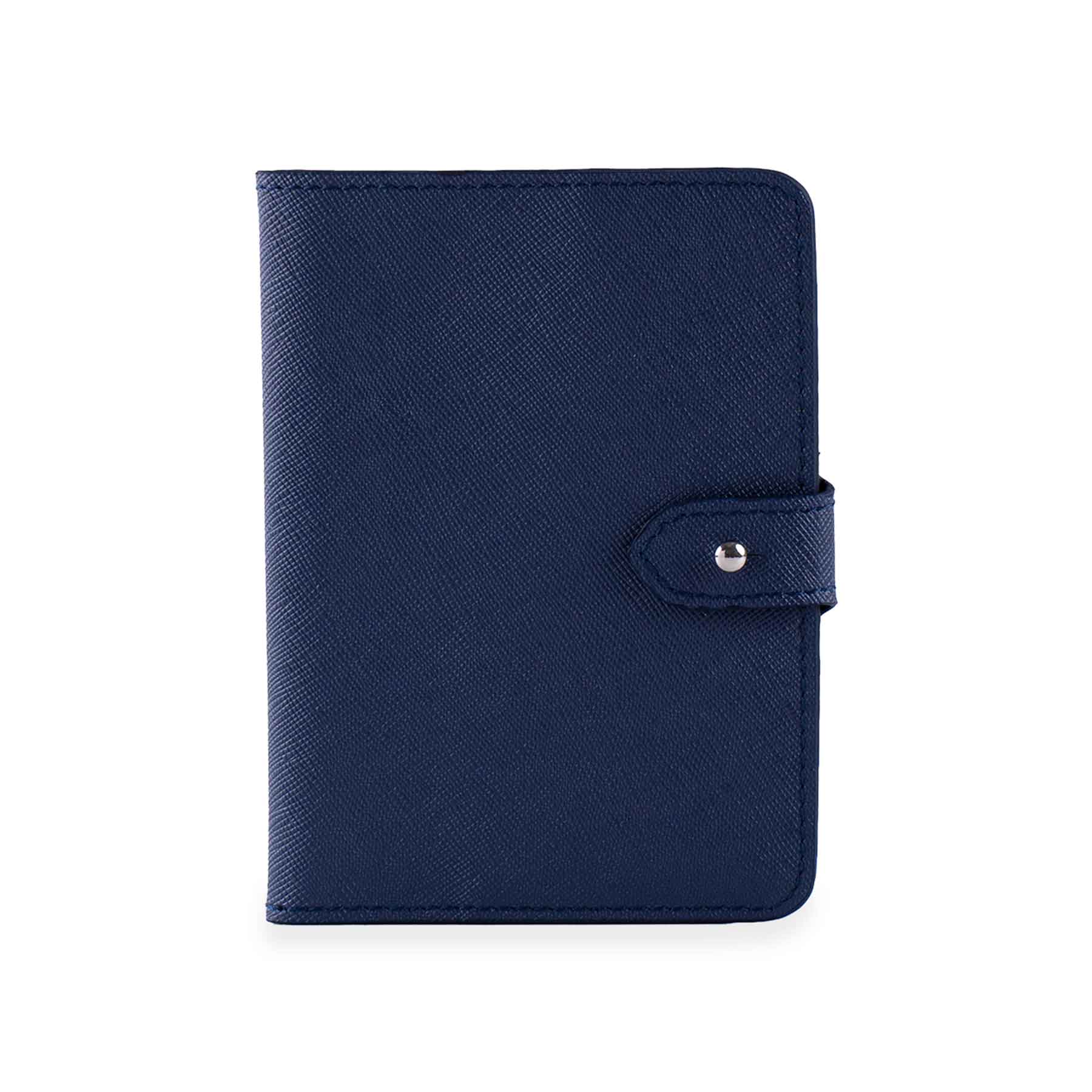 Sustainable dark blue passport holder crafted for eco-friendly and modern travel needs.