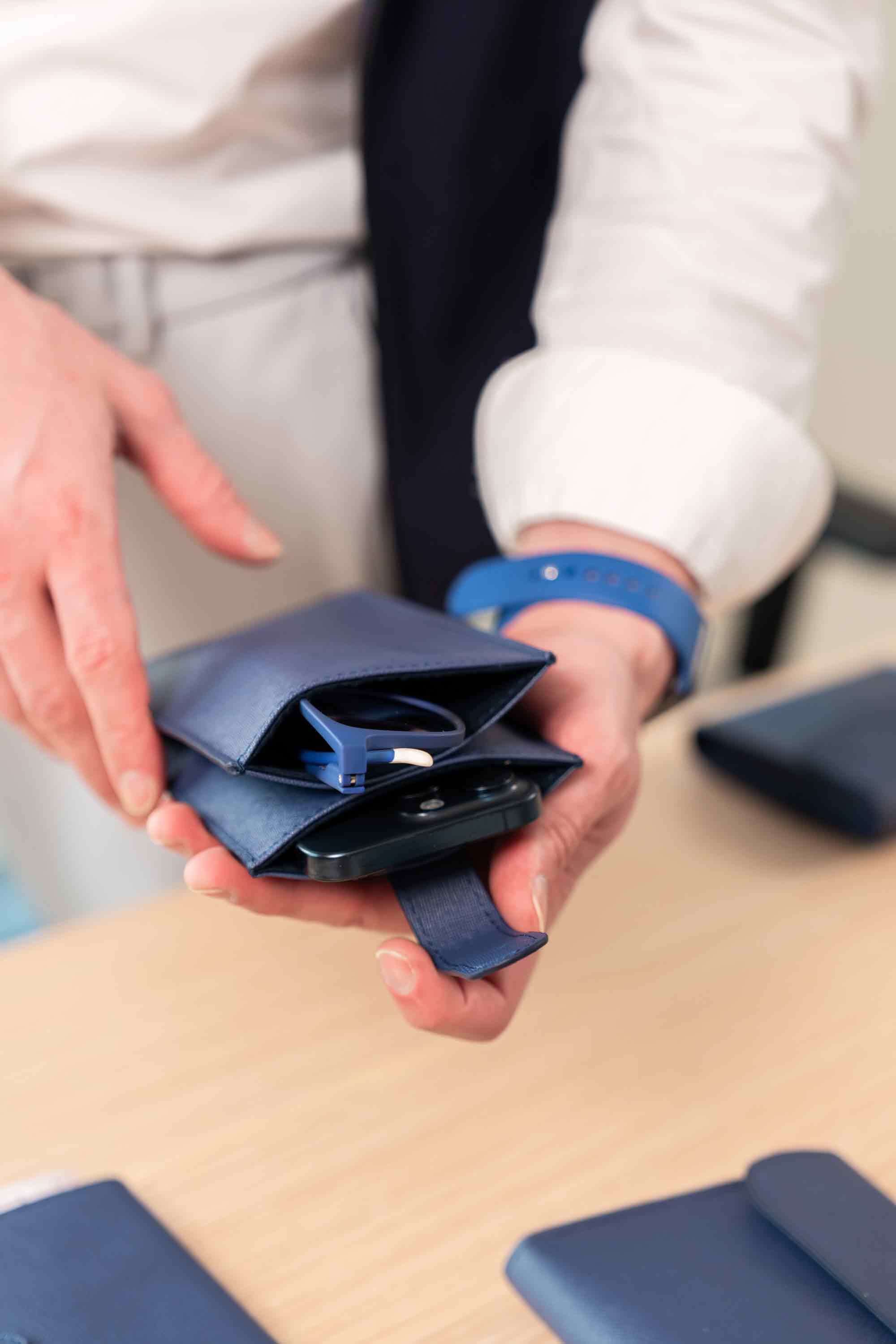 Sustainable dark blue vegan leather glasses case crafted for eco-friendly eyewear storage.