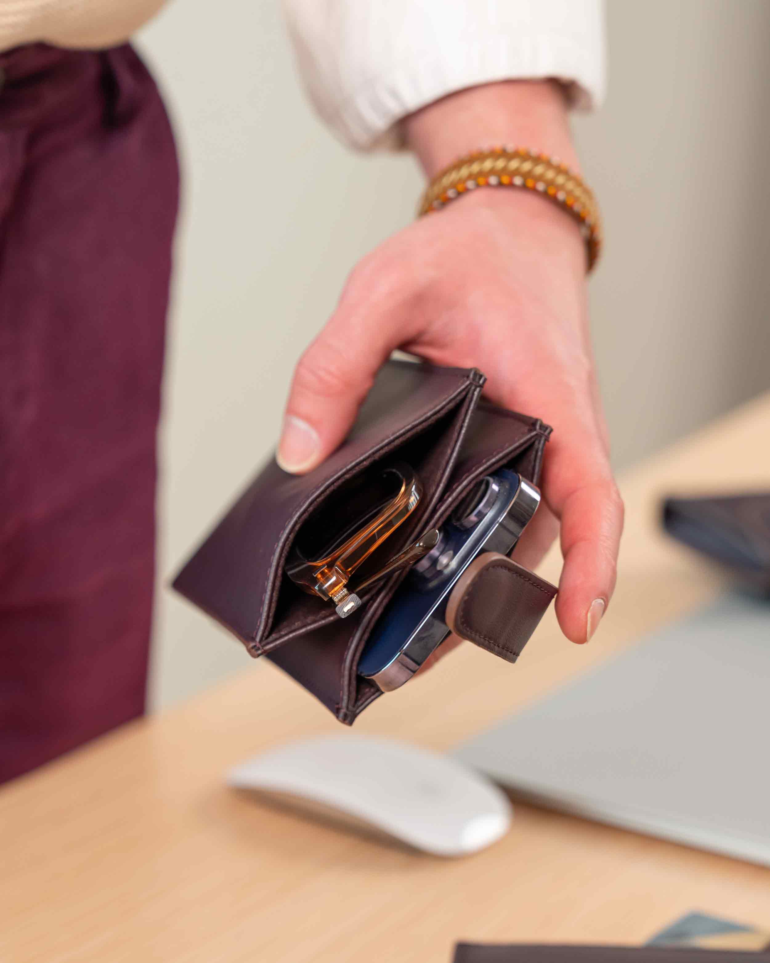 Sustainable deep plum vegan leather glasses case offering eco-friendly eyewear storage.