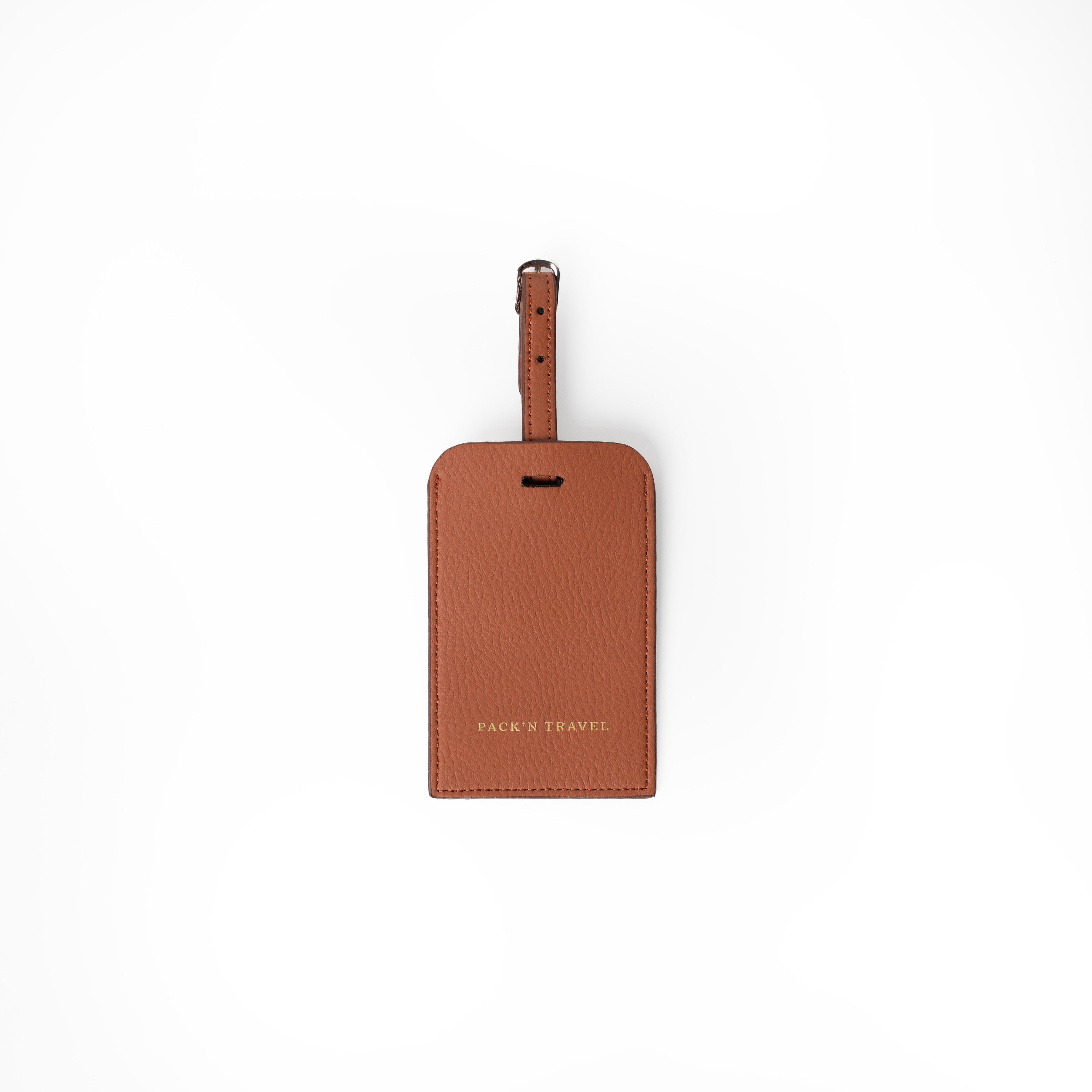 Stylish terracotta vegan leather luggage tag ideal for trendy globetrotters.