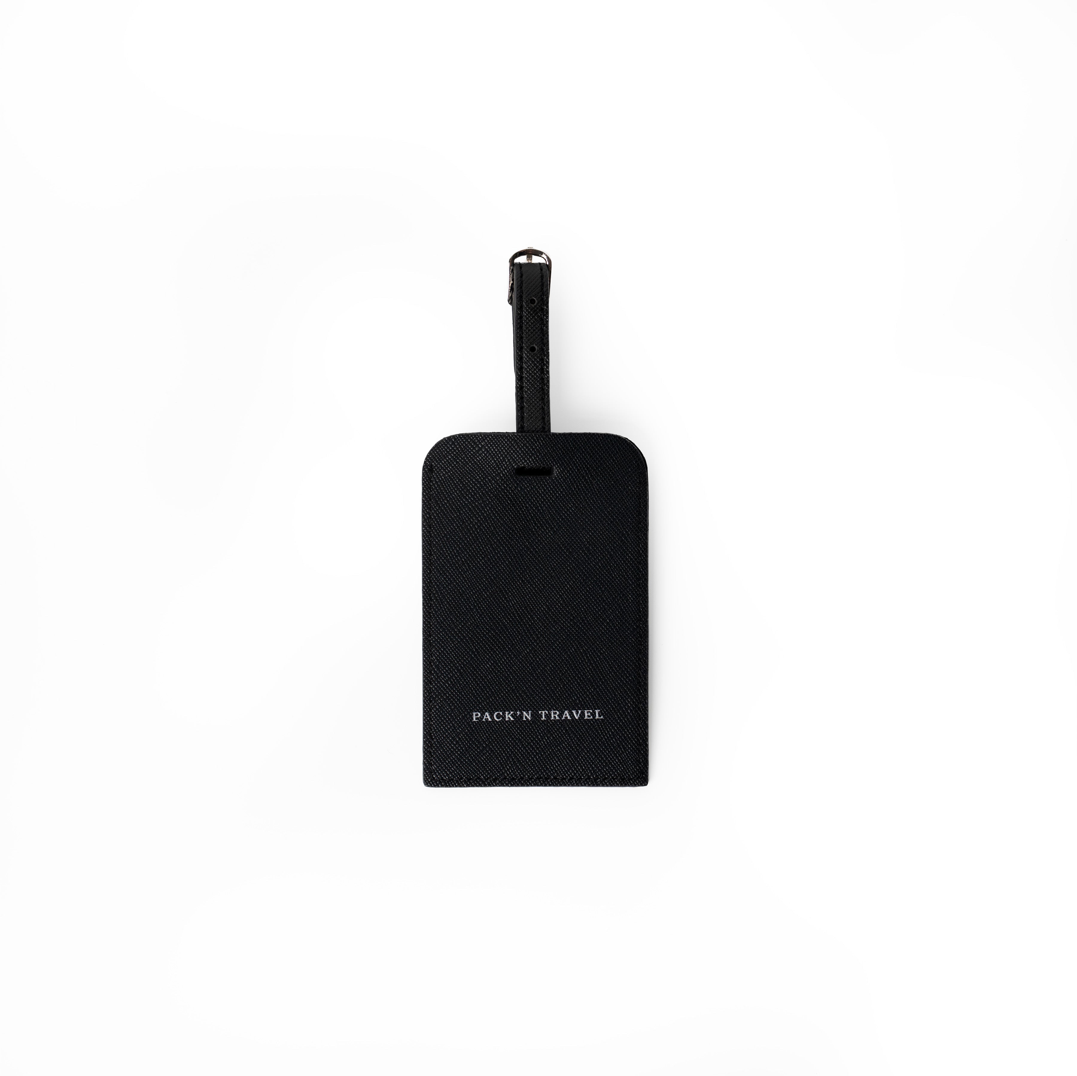 Stylish black vegan leather luggage tag ideal for trendy globetrotters.