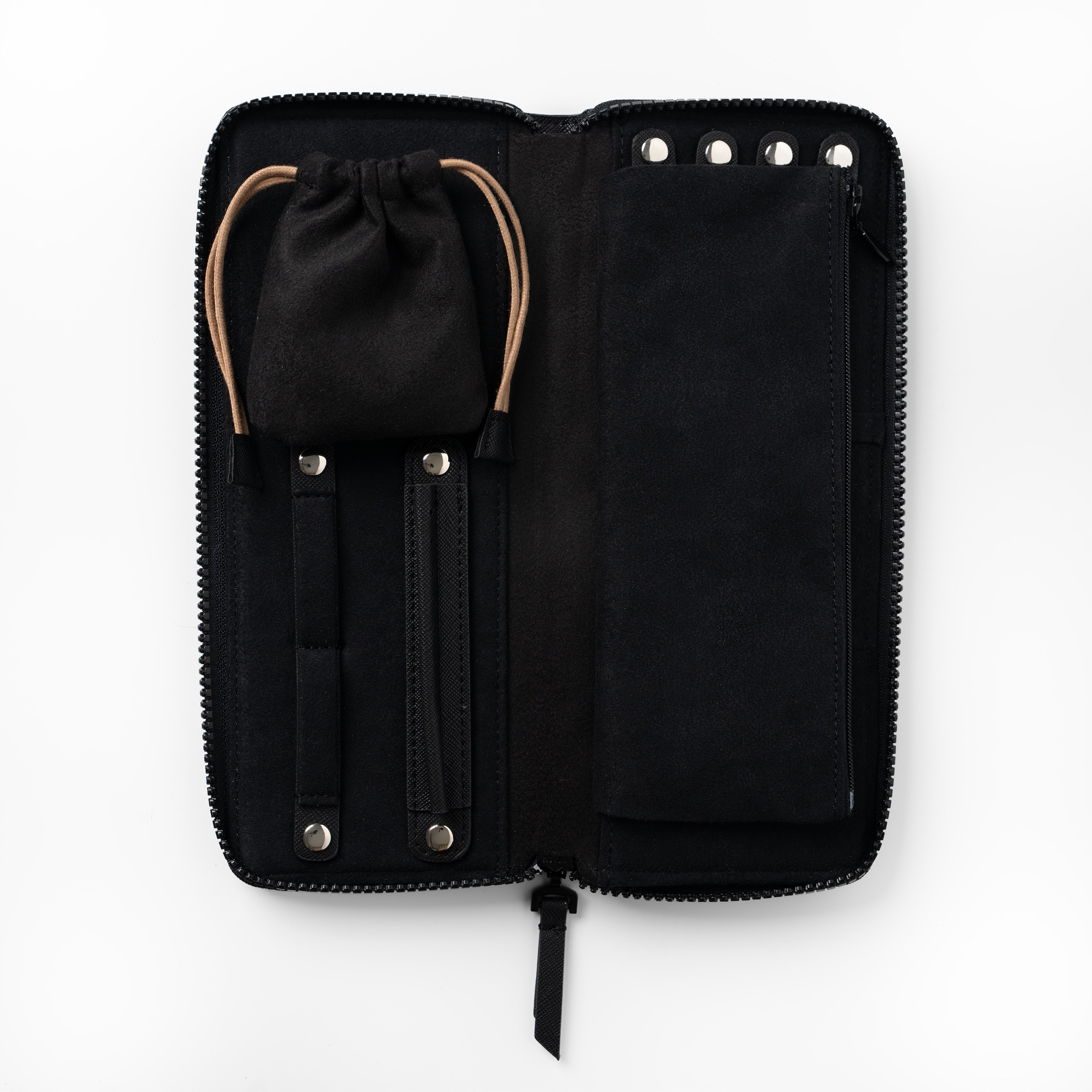 Stylish black vegan leather jewellery wallet ideal for fashion-forward organization.