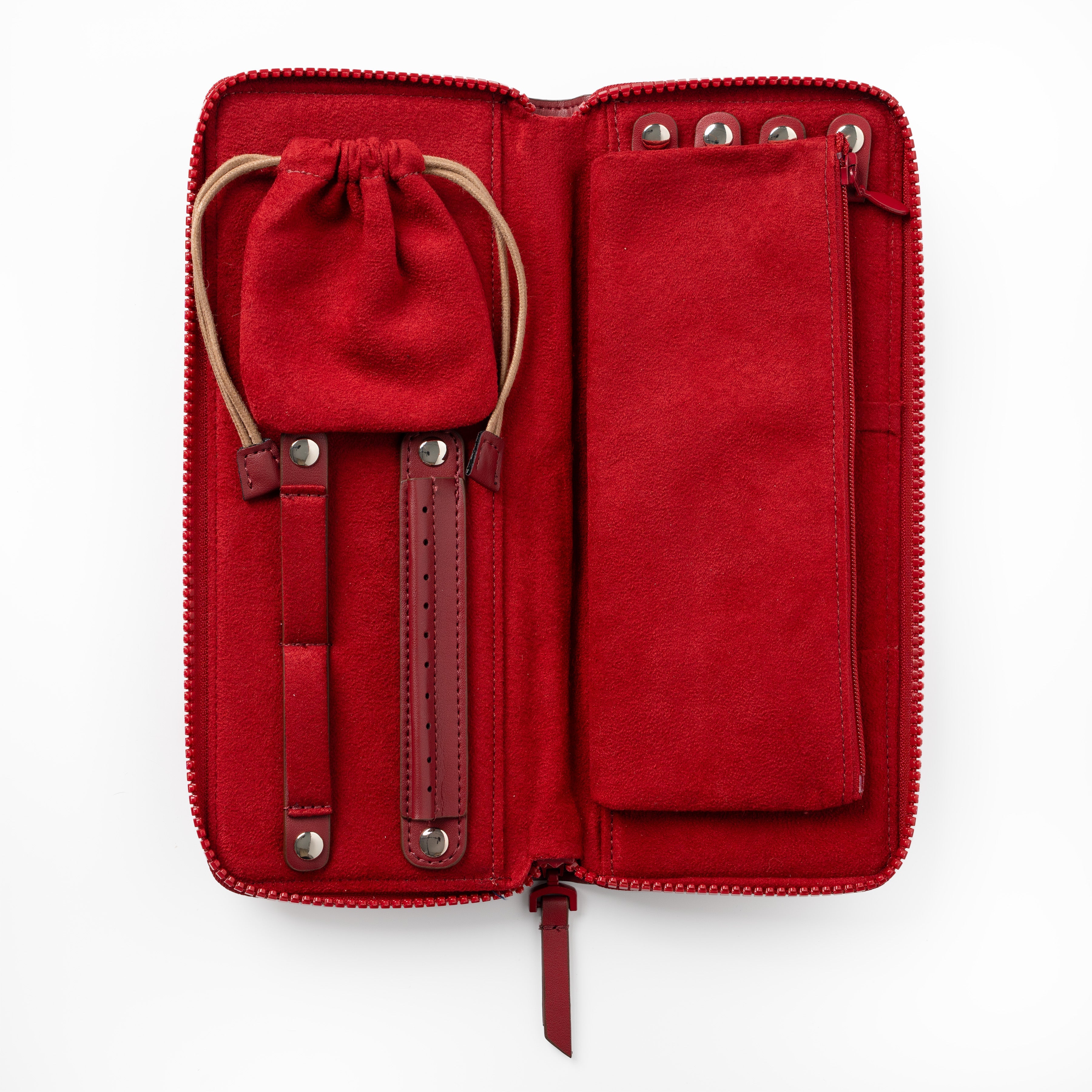 Stylish cherry red vegan leather jewellery wallet ideal for fashion-forward organization.