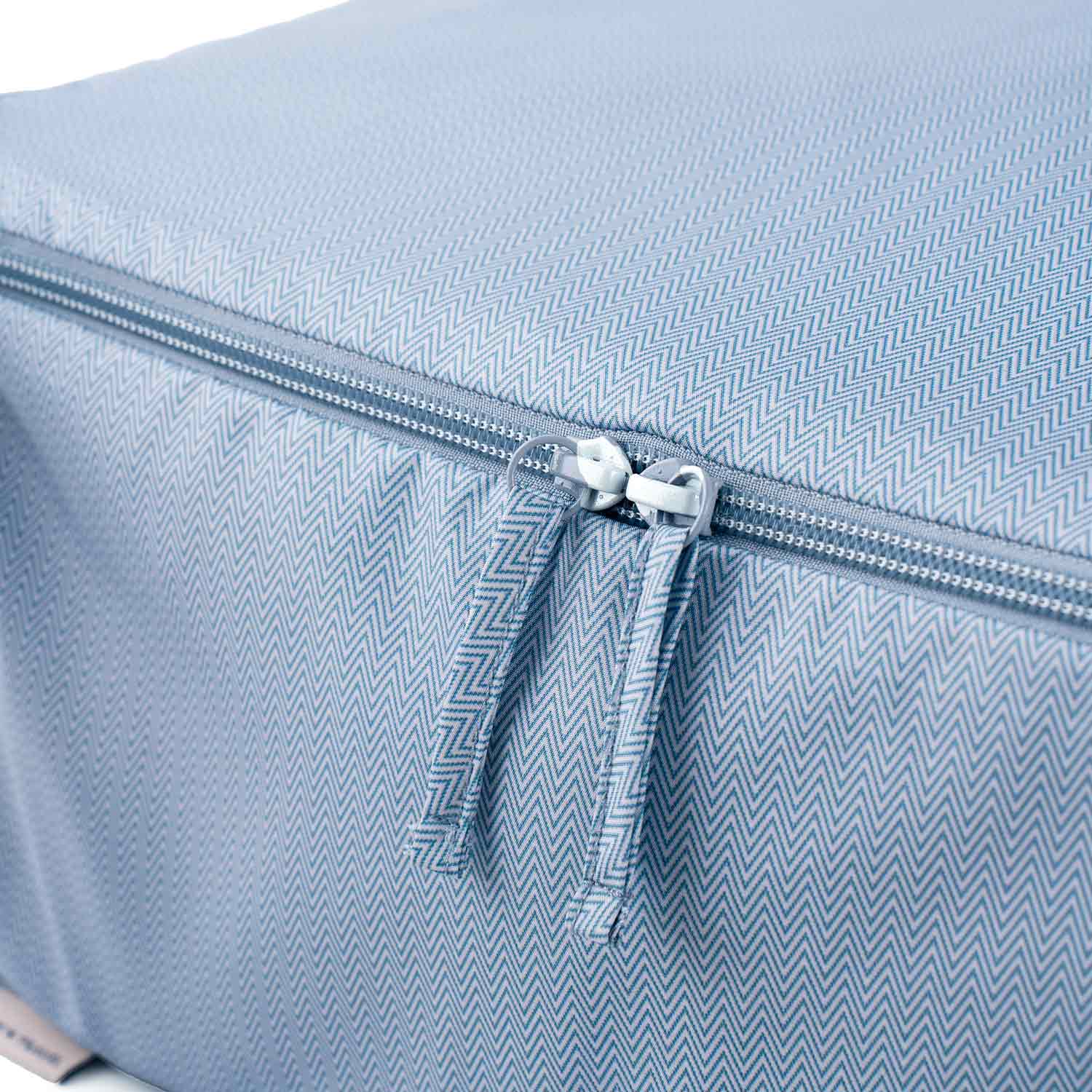 Sustainable blue vegan leather luggage organiser designed for stylish and practical travel.