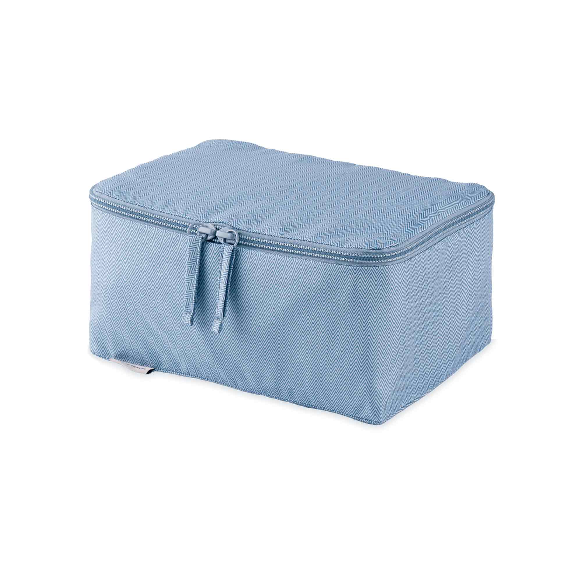 Useful blue vegan leather luggage organiser, perfect for practical and eco friendly journeys.